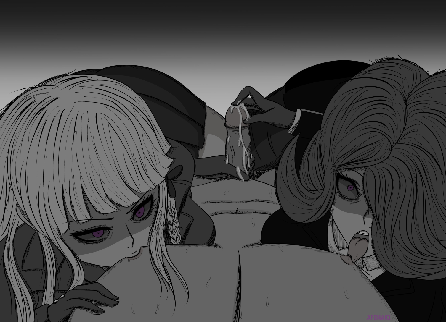 1boy, 2girls, afimaki, clothed female nude male, cum, danganronpa, danganronpa 3, danganronpa: trigger happy havoc, female, gloves, handjob, kimura seiko, kirigiri kyoko, male, male pov, monochrome, multiple females, multiple girls, naegi makoto, pov, straight hair, sucking nipples, yandere