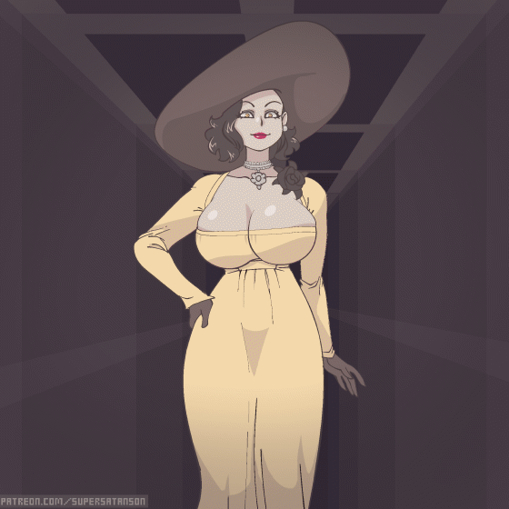 1girls, 2d, 2d animation, alcina dimitrescu, animated, black hair, breasts, capcom, claws, cleavage, dress, favorite, female, female only, gloves, hand on hip, hat, hourglass figure, huge breasts, jewelry, light skin, light-skinned female, lipstick, looking at viewer, pale skin, pale-skinned female, red lipstick, resident evil, resident evil 8: village, smile, solo, supersatanson, walk cycle, walking, wide hips, yellow eyes