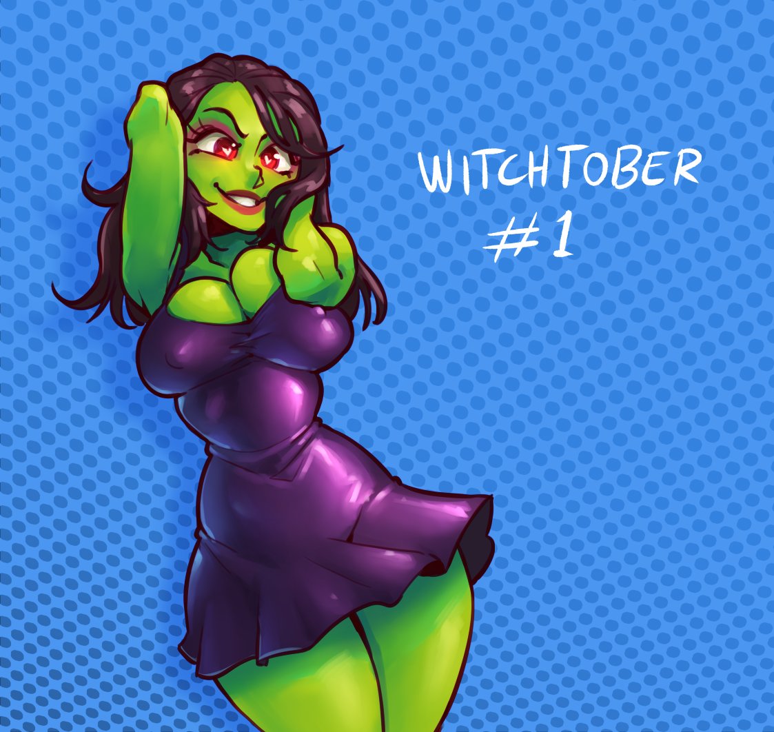 1girls, armpits, banjo-kazooie, big breasts, black hair, breasts, character request, cleavage, clothed, copyright request, female, female focus, female only, game over gruntilda, gruntilda, halloween, highres, looking at viewer, nortuet, red eyes, revealing clothes, short hair, simple background, smile, solo, wide hips