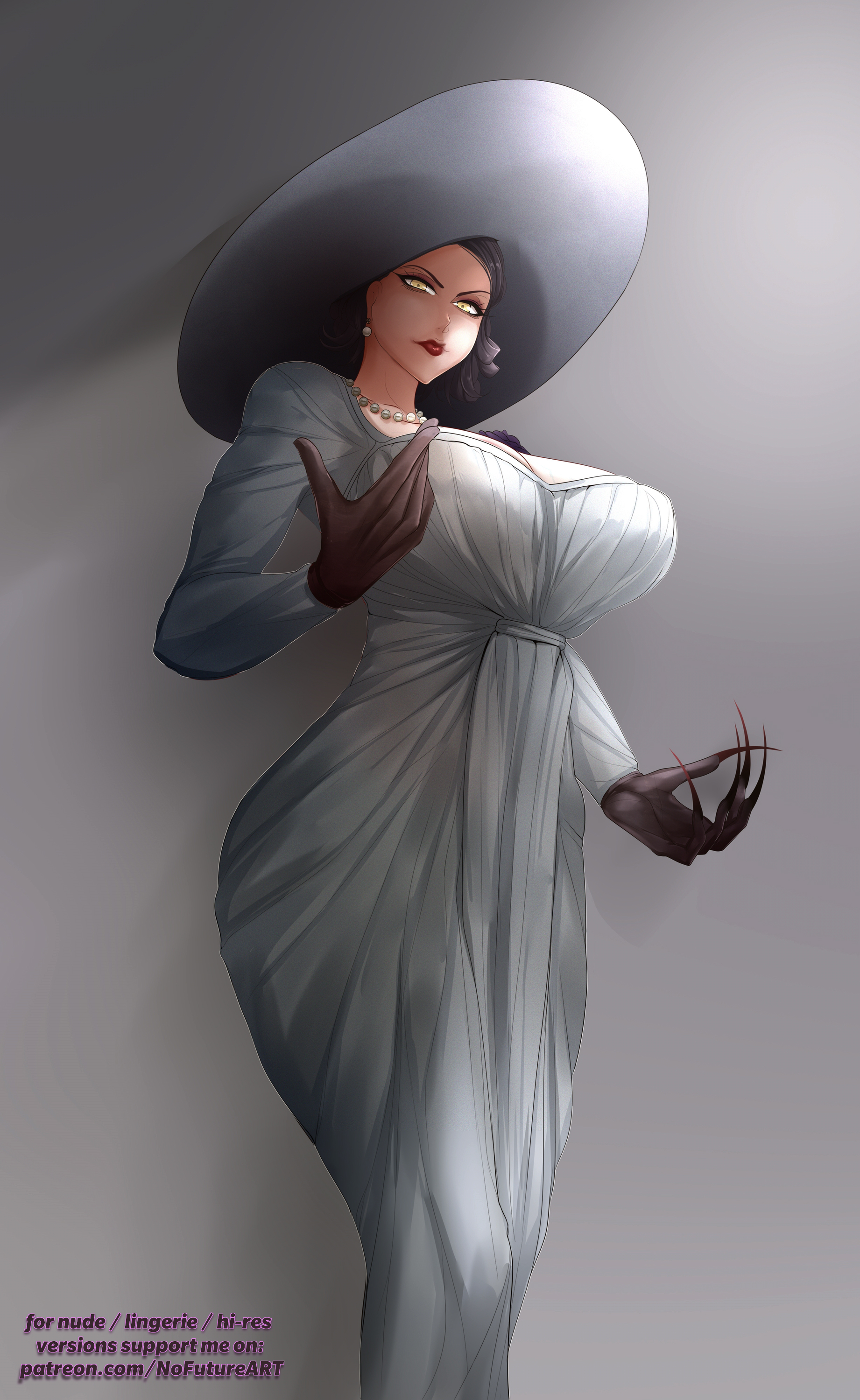 alcina dimitrescu, black hair, breasts, busty, capcom, dress, female, female only, gloves, hat, hourglass figure, huge breasts, large breasts, lips, lipstick, nofuture, red lipstick, resident evil, resident evil 8: village, solo, yellow eyes