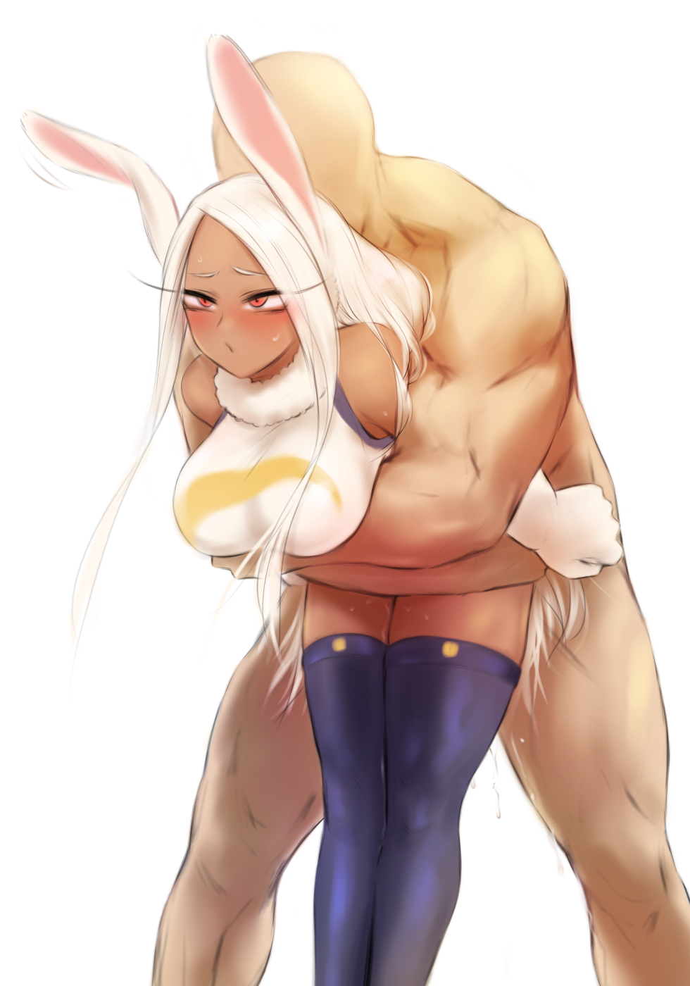 1boy, 1girls, ambiguous penetration, big breasts, breasts, bunny ears, clothed sex, dark skin, dark-skinned female, faceless male, female, female human, fit, fit female, from behind, grabbing, grabbing from behind, hero outfit (mha), human, implied penetration, implied sex, kemonomimi, large breasts, leotard, male, miruko, muscles, muscular, muscular male, my hero academia, rumi usagiyama, sex, shpo, straight, superhero costume, superheroine, tan, tan skin, thighhighs