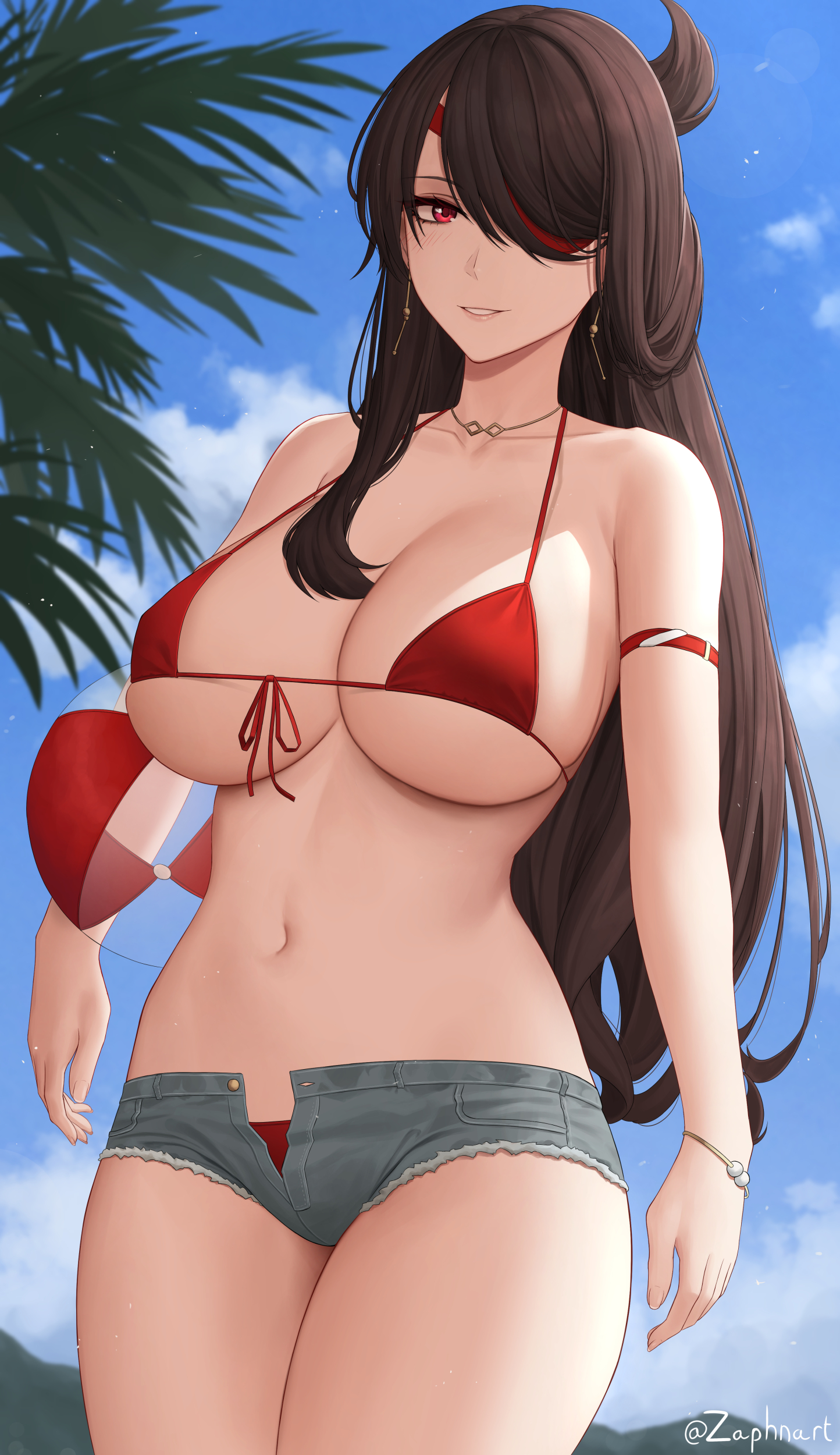 1girls, beach, beidou (genshin impact), bikini, bikini top, blush, breasts, brown hair, busty, curvy figure, earrings, eyepatch, female, genshin impact, hi res, large breasts, micro bikini, red bikini, red eyes, short shorts, shorts, smile, thick thighs, underboob, voluptuous, zaphn