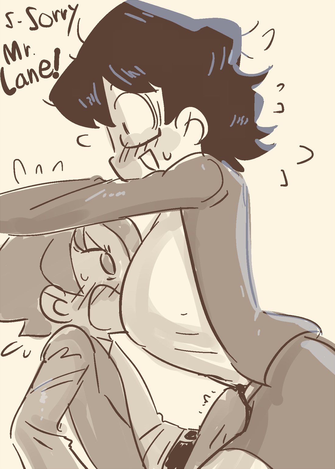 1boy, 1girls, black hair, blush, breasts, clara kent, clark kent, crap-man, dc, dc comics, earth 11, english text, erection under clothes, face to breasts, female, genderswap, genderswap (ftm), genderswap (mtf), glasses, highres, kal-el, lewis lane, lois lane, male, monochrome, rule 63, secret identity, size difference, smaller male, suit, superman, superman (clark kent), superman (series), superwoman, taller female, white background