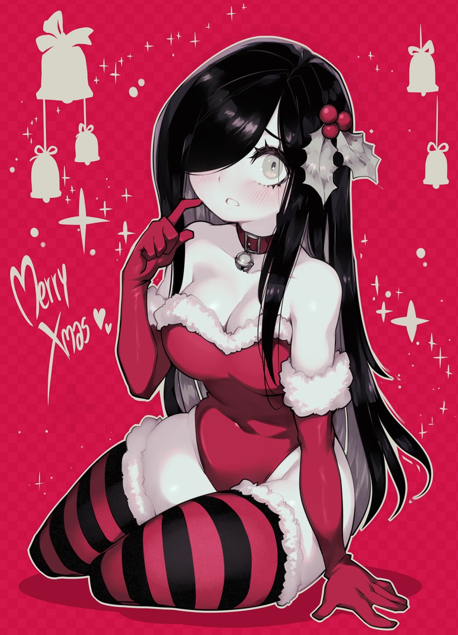 1girls aria_(parororo) aria_wintermint black_hair christmas cleavage elbow_gloves female gloves hair_ornament hair_over_one_eye leotard original pale-skinned_female pale_skin parororo red_background red_gloves sitting solo stockings tagme thighhighs white_eyes white_skin