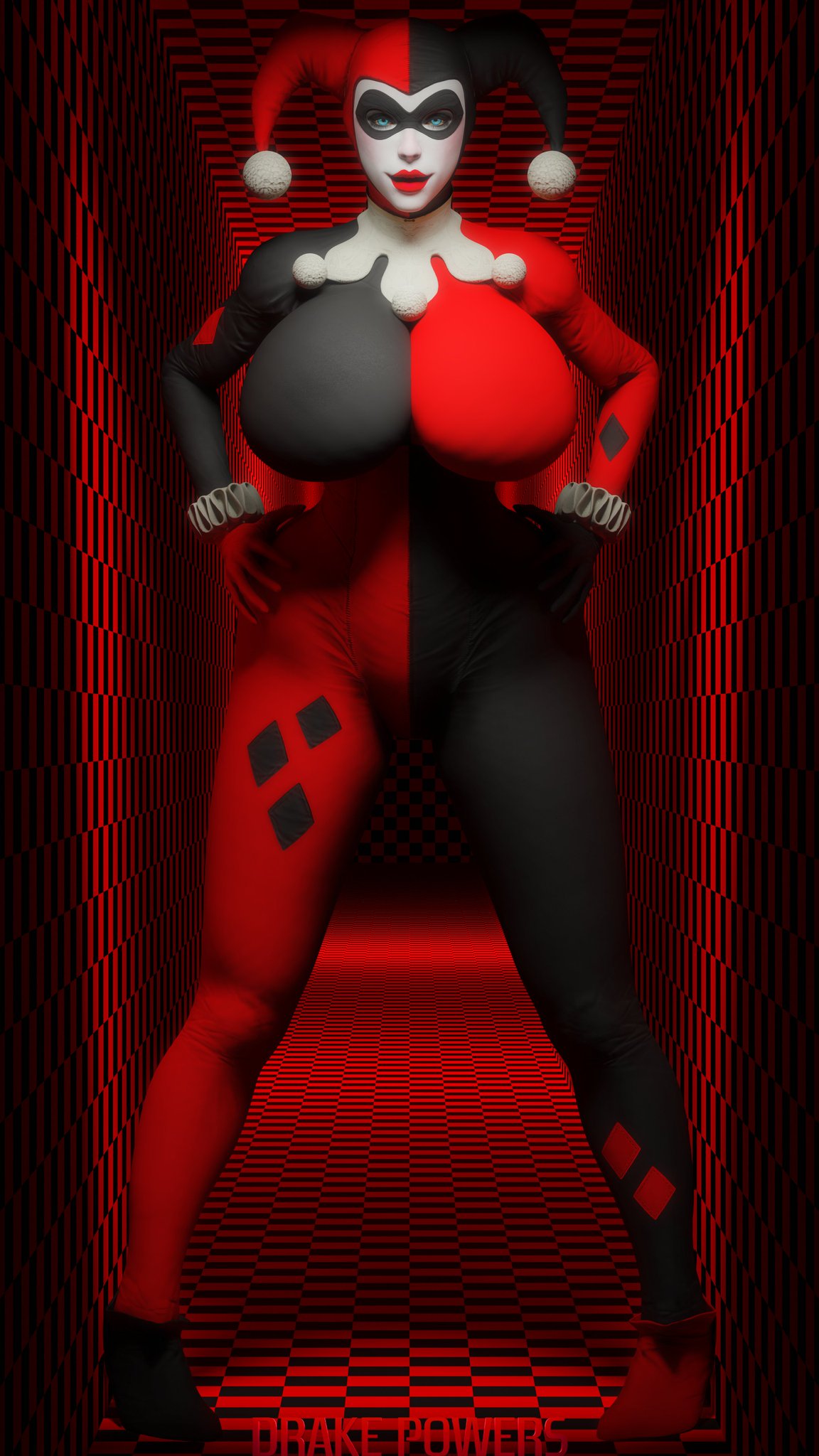 1girls, 3d, 3d (artwork), alternate version available, artist name, batman (series), batman: arkham knight, big breasts, blue eyes, bodysuit, breasts, busty, clothing, curvaceous, curvy, curvy figure, dc, dc comics, drakepowers, eyes, female, female only, full body, full color, fully clothed, gigantic breasts, harley quinn, harley quinn (arkham knight), harley quinn (arkham), harley quinn (classic), hips, hourglass figure, huge breasts, large breasts, legs, light skin, light-skinned female, lips, lipstick, makeup, solo, thighs, top heavy, villain, villainess, voluptuous, watermark, wide hips