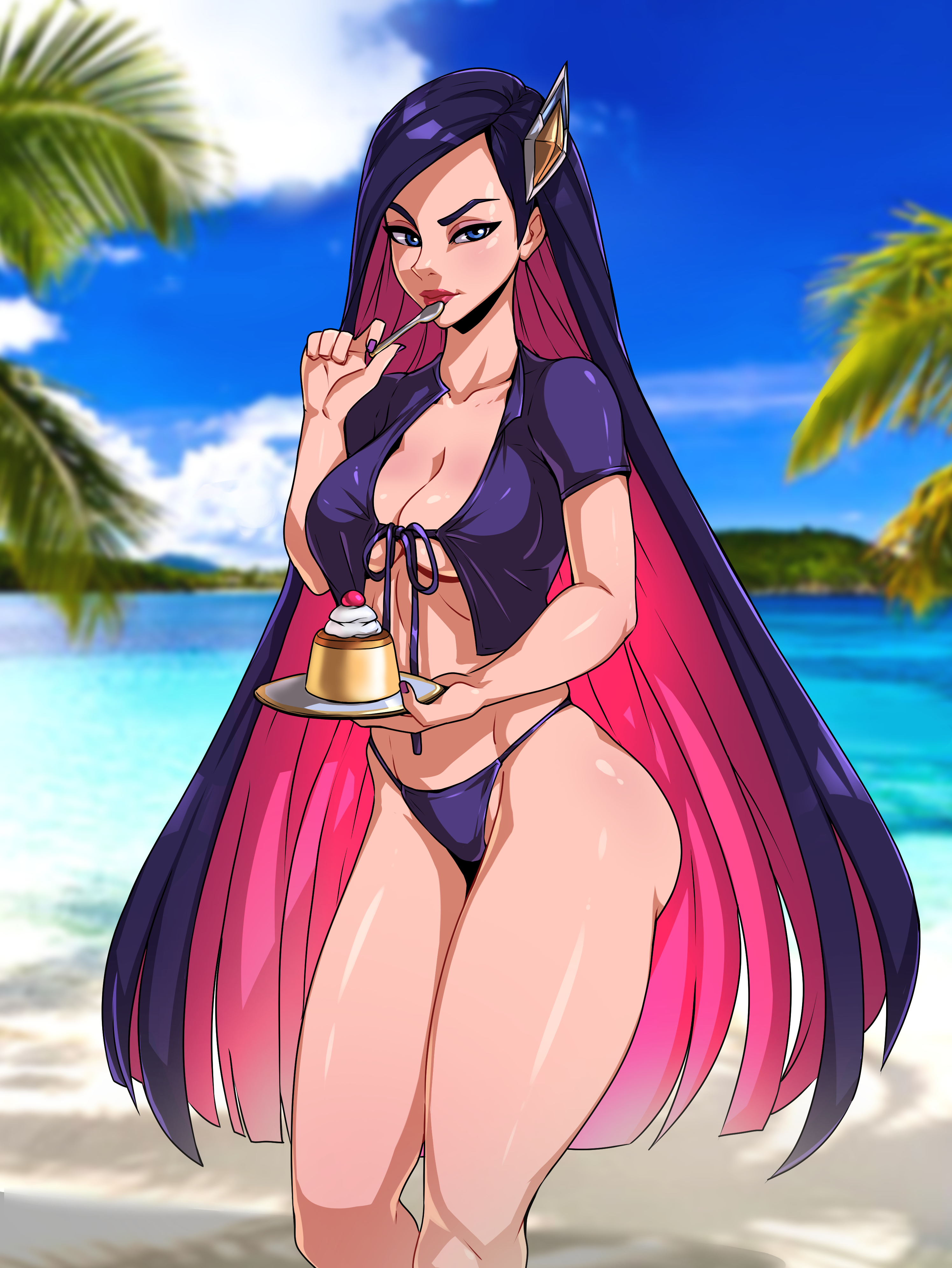 1girls, ass, battle academia caitlyn, beach, big ass, bikini, breasts, caitlyn kiramman, cleavage, clothed, clothing, cupcake, female, female only, kyoffie, league of legends, medium breasts, riot games, solo, solo female, staring at viewer, tagme, thong