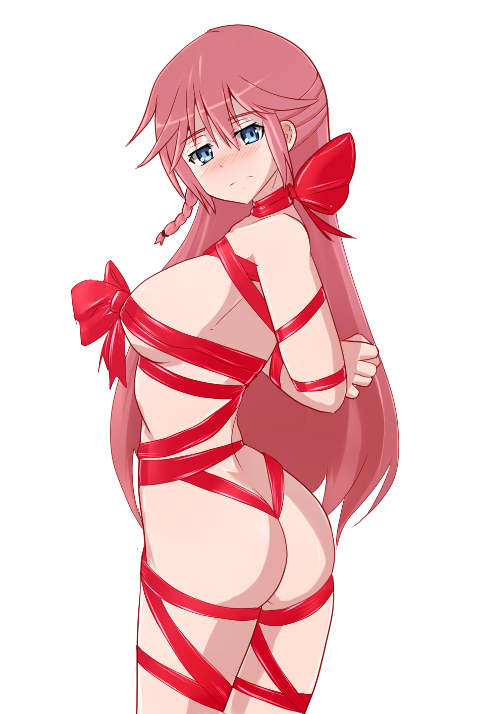 arms_behind_back asami_lilith ass blue_eyes blush bondage braid breasts drawfag female female_only high_resolution large_breasts long_hair naked_ribbon nude pink_hair ribbon ribbon_bondage side_braid solo tied_hair trinity_seven white_background