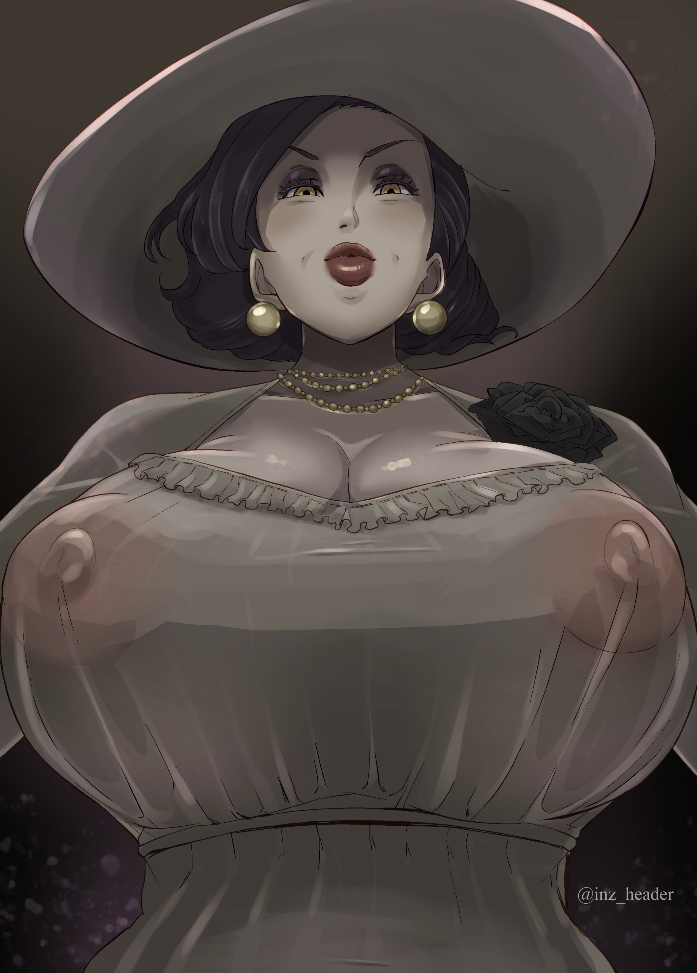 alcina dimitrescu, big lips, black hair, breasts, capcom, cleavage, dress, female, female only, hat, huge breasts, inz header, large breasts, light skin, light-skinned female, lips, lipstick, nipples, nipples visible through clothing, pale skin, pale-skinned female, red lips, red lipstick, resident evil, resident evil 8: village, solo, yellow eyes