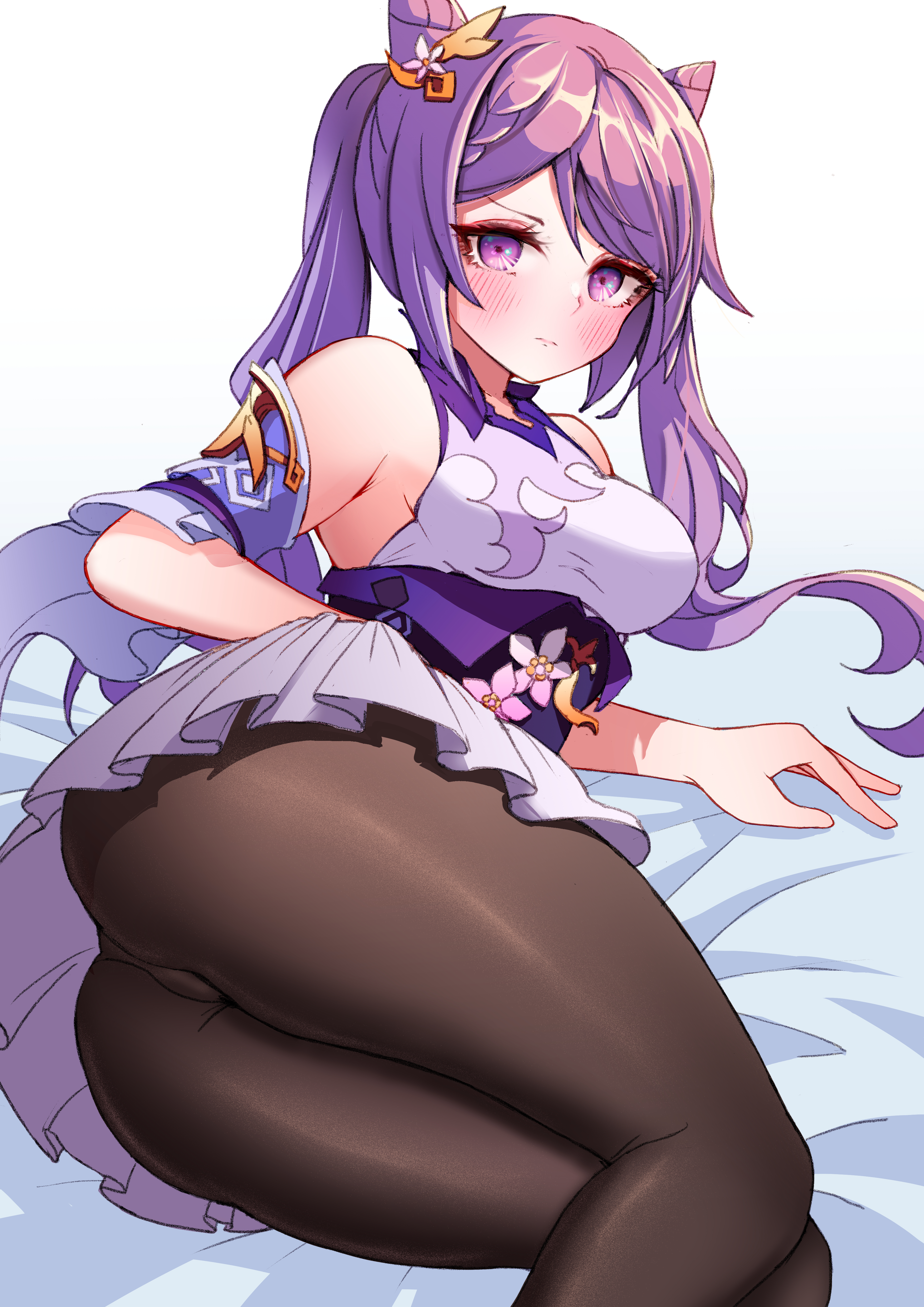 ass, bare shoulders, blush, breasts, cameltoe, dress, embarrassed, female, frown, genshin impact, hair ornament, hairpin, keqing (genshin impact), long hair, looking at viewer, lying, on side, pantyhose, purple dress, purple eyes, purple hair, pussy, realapple, shiny, shiny clothes, shiny hair, short dress, solo, twintails, updress, very long hair