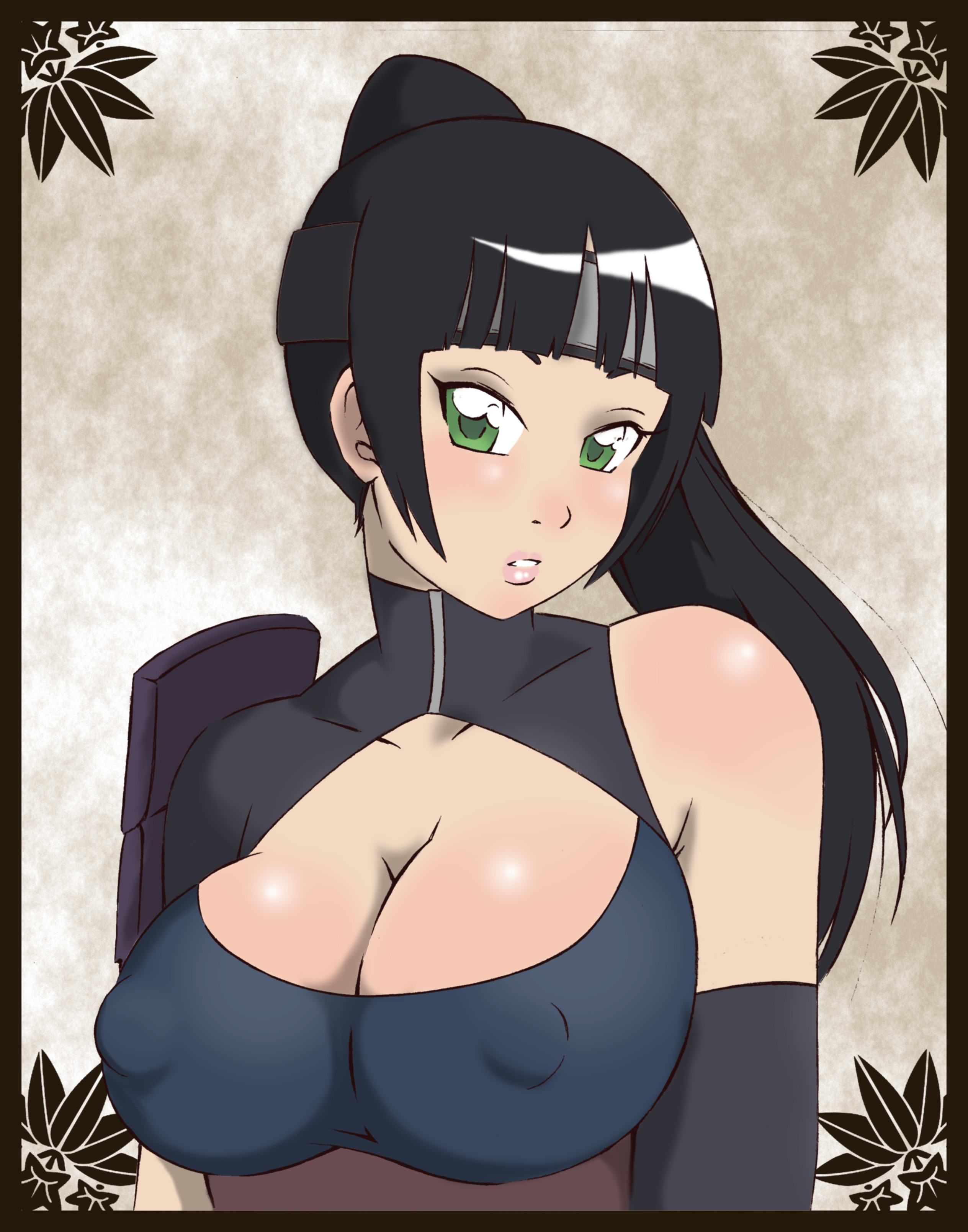 1girls, armwear, big breasts, black hair, blunt bangs, blush, breasts, cleavage, clothing, cutout, detached sleeves, female, female only, forehead protector, green eyes, headband, huge breasts, long hair, looking at viewer, naruto, naruto (series), naruto shippuden, nipples, ponytail, puffy nipples, shirt, shizuka (naruto), shoulder pads, sleeveless shirt, tied hair, tonxubramando, upper body