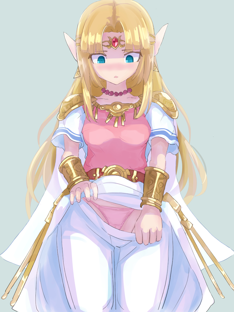 1girls, a link between worlds, bangs, blonde hair, blue eyes, blush, blushing, boobs, breasts, clothed, clothes, clothes pull, clothing, dress, dress lift, eyebrows, eyebrows visible through hair, eyelashes, female, female focus, female only, forehead jewel, hair ornament, hylian, kitami tsuzuka, leggings, legwear, long hair, medium breasts, nintendo, open mouth, panties, pink panties, pink thong, pointy ears, princess, princess zelda, royalty, shiny, shiny hair, simple background, solo, super smash bros., super smash bros. ultimate, the legend of zelda, thong, tights, triforce earrings, zelda (a link between worlds)
