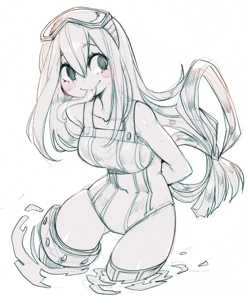 1girls, bare thighs, blush, female, froppy, long tongue, my hero academia, one-piece swimsuit, parororo, sketch, solo, solo female, source request, swimsuit, tagme, thigh gap, tight clothing, tongue, tongue out, tsuyu asui