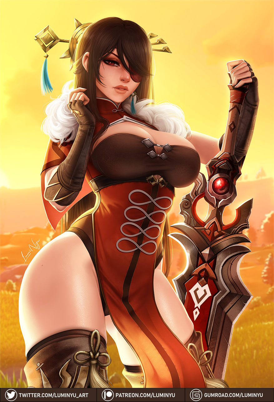 1girls, abs, beidou (genshin impact), big breasts, black hair, boots, breasts, brown hair, cleavage, cleavage cutout, clothed, clothing, eye patch, female, female focus, female only, genshin impact, heel boots, large breasts, long hair, looking at viewer, luminyu, outfit, red eyes, solo, solo focus, sword, thick thighs, thigh boots, thighhigh boots, thighs, very long hair, warrior