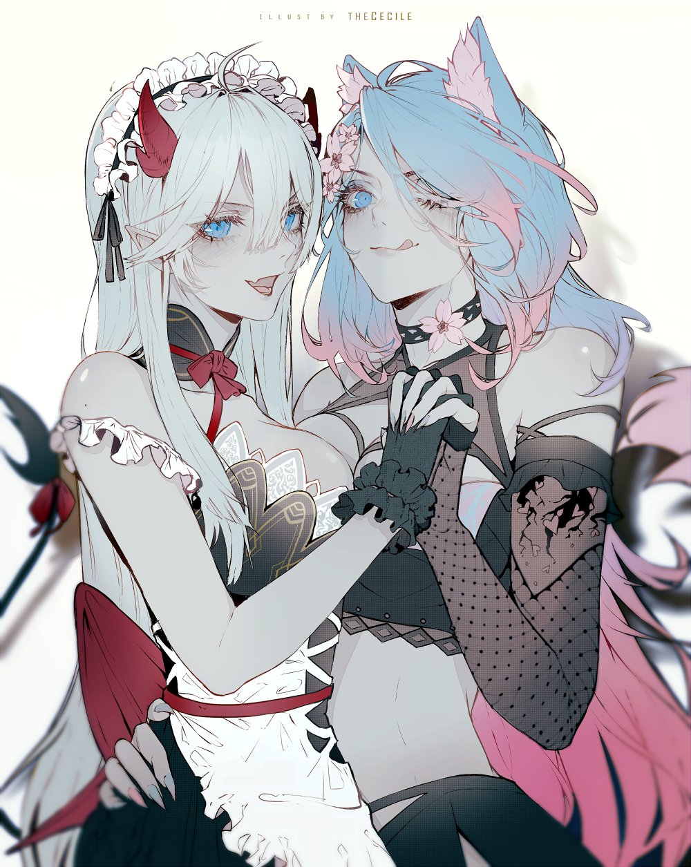 2girls, blue eyes, blue hair, demon, female, holding hands, indie virtual youtuber, long hair, maid, silvervale, succubus, thececile, veibae, virtual youtuber, white hair, wolf girl