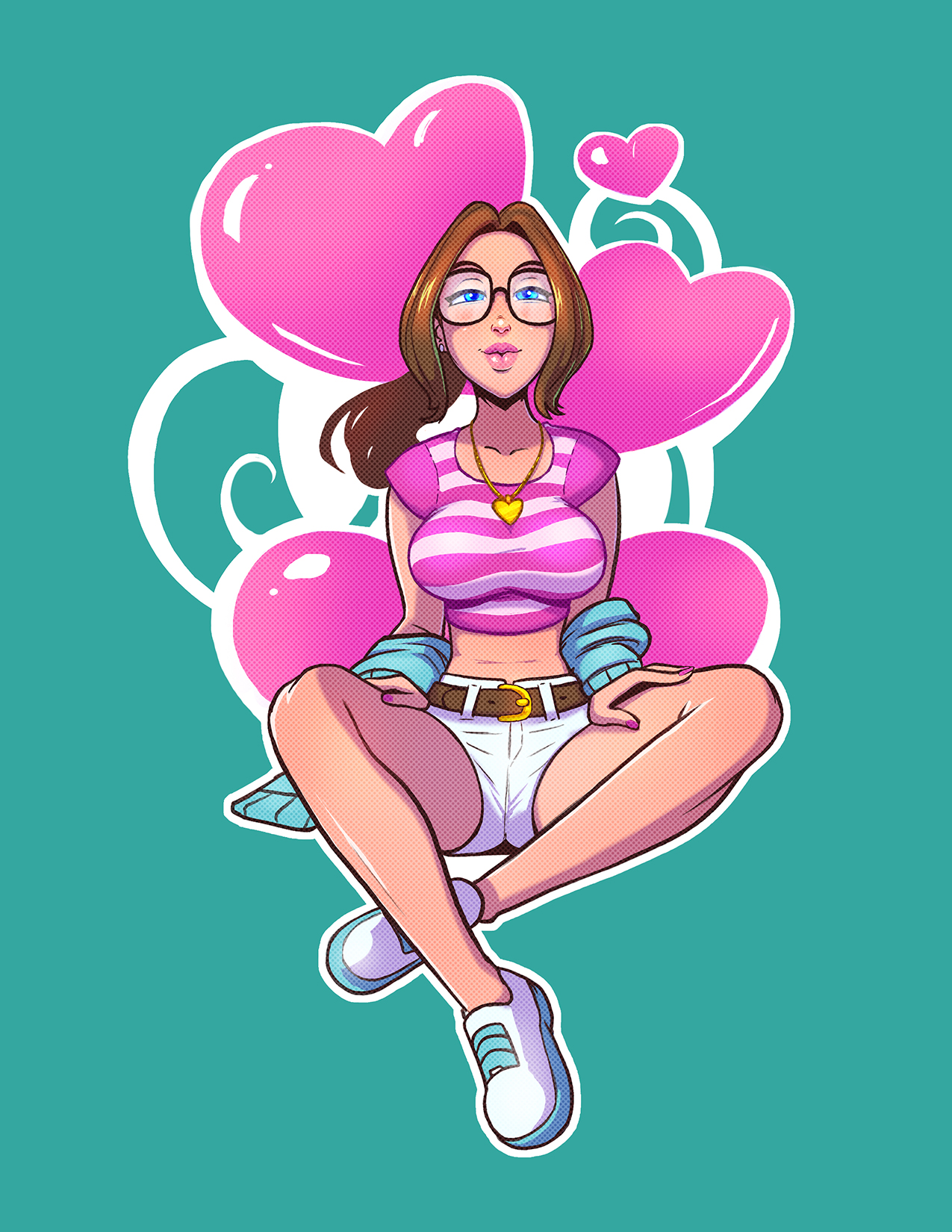 1girls, big breasts, breasts, clothing, crossed legs, female, glasses, sarah sweet, short shorts, smile, stretched clothing, sweet sarah's sweetest adventures, teenager, thedirtymonkey