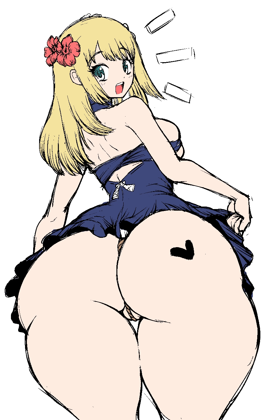 1girls, ass, big ass, big butt, blonde hair, blonde-haired female, breasts, curvy figure, dr.stone, female, flower in hair, huge ass, large ass, leo008, long hair, looking at viewer, looking back, ruri (dr.stone), thanuki, thanukiart, thick ass, white background