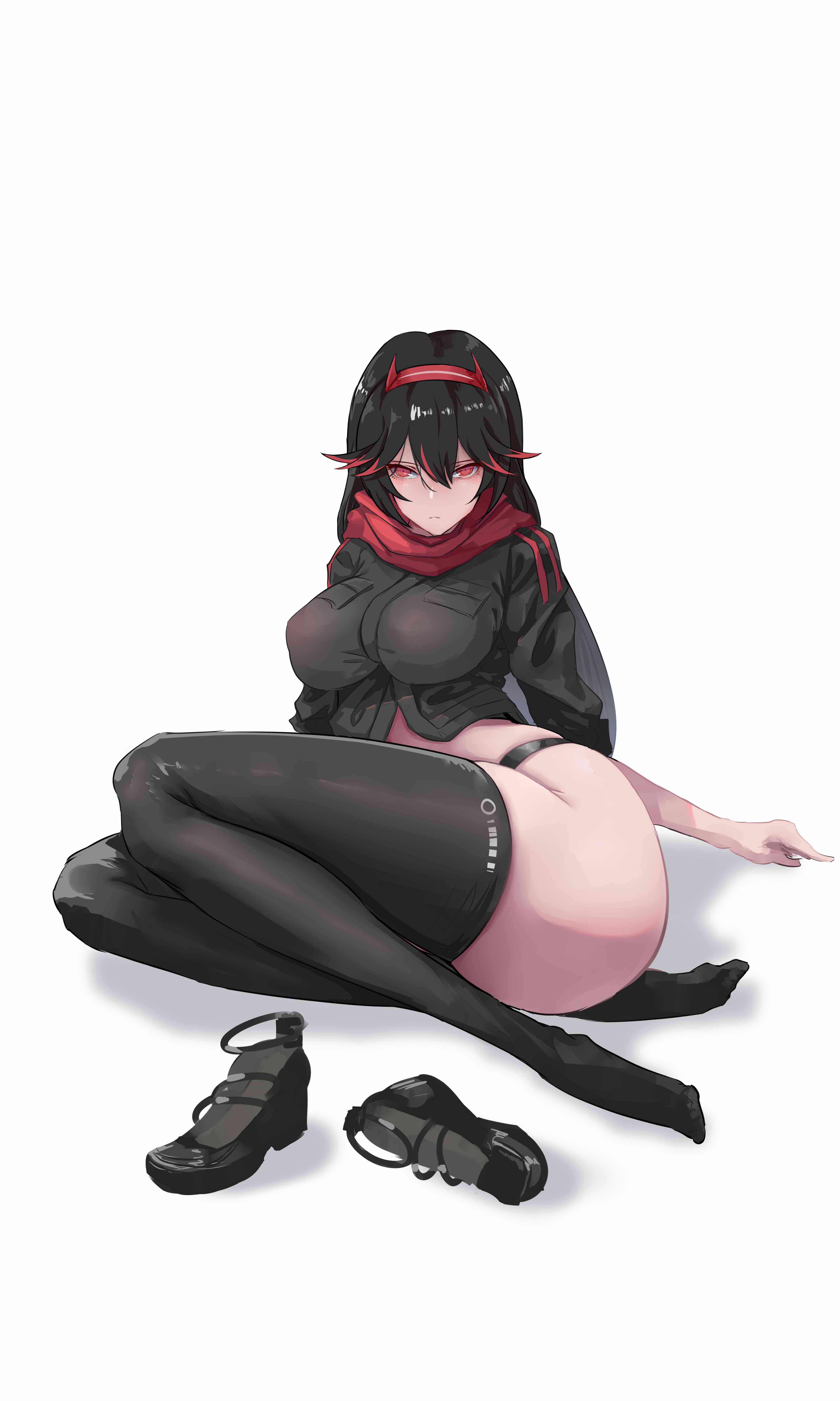 1girls, absurd res, ass, black hair, breasts, female, female only, hairband, heels, highres, huge ass, long hair, looking at viewer, lucia (punishing: gray raven), punishing: gray raven, red eyes, scarf, seductive, shoes removed, showing ass, simple background, solo, thick thighs, thighhighs, thighs, thong, white background, wide hips