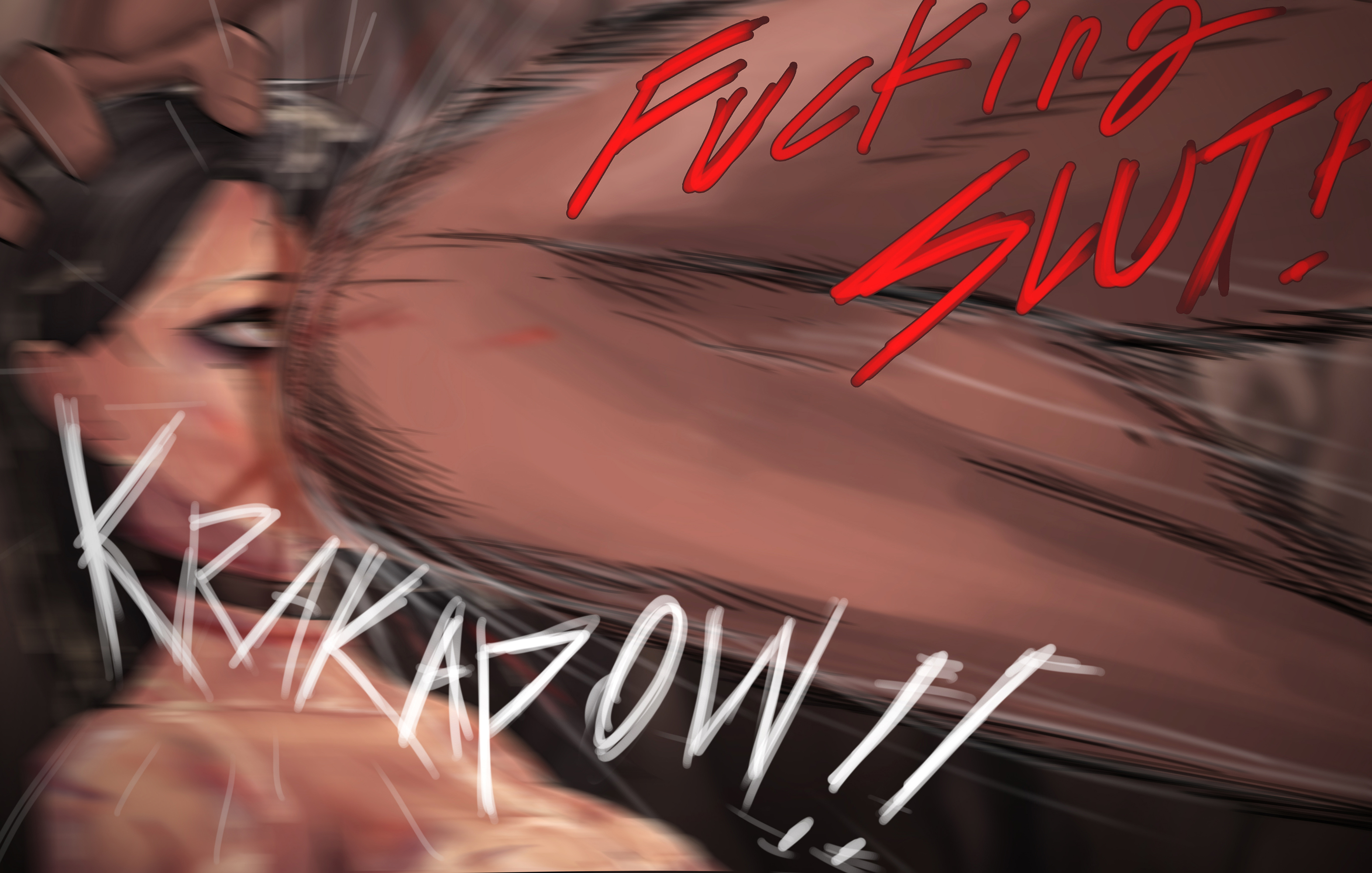 abuse, collar, dark skin, dark-skinned male, domination, female, freyja (kingbang), fuckmeat (kingbang), humiliation, kingbang, male, maledom, ryona, slave, text, violence