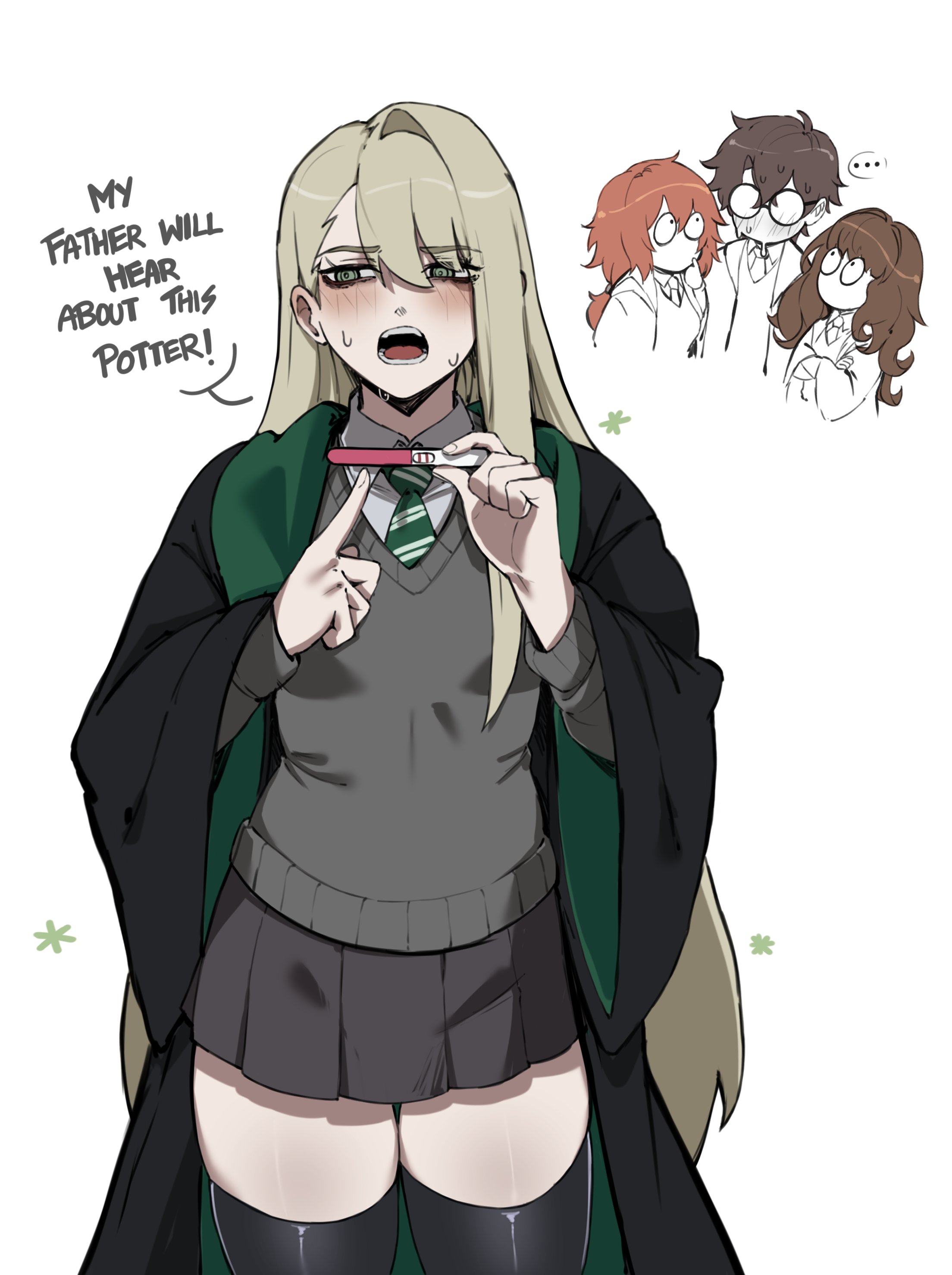 1boy, 2026, 3girls, blonde hair, breasts, brown hair, draco malfoy, draco malfoy (redteneri), female, female focus, genderswap, genderswap (mtf), ginger, glasses, harry james potter, harry potter, hermione granger, large breasts, light skin, light-skinned female, looking at viewer, masoq095, panties, pregnancy test, red hair, ron weasley, rule 63, school uniform, skirt, thick thighs, thighs, wide hips