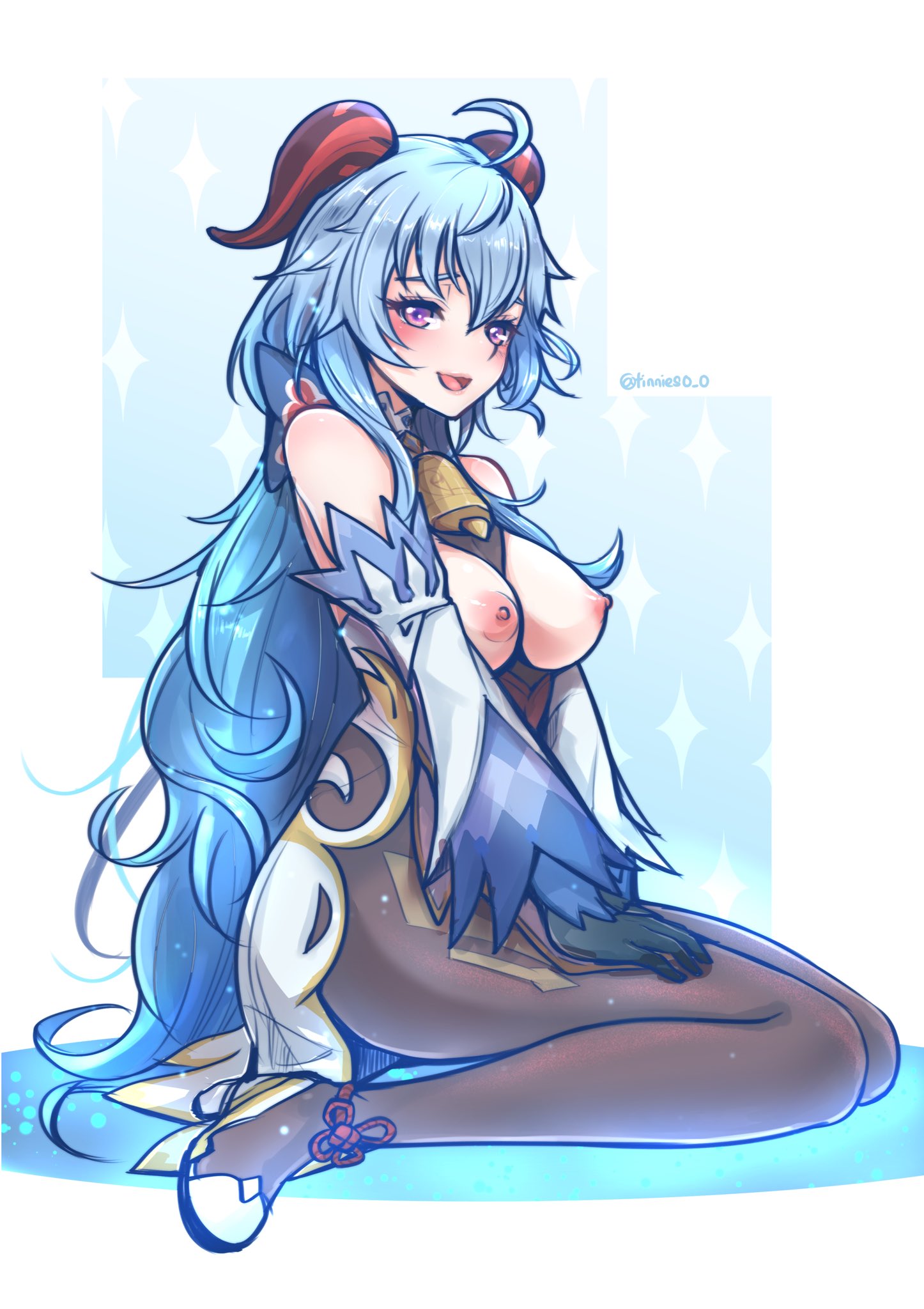 1girls, areolae, big breasts, breasts, female, female only, ganyu (genshin impact), genshin impact, large breasts, looking at viewer, nipples, solo, source request, tinnies