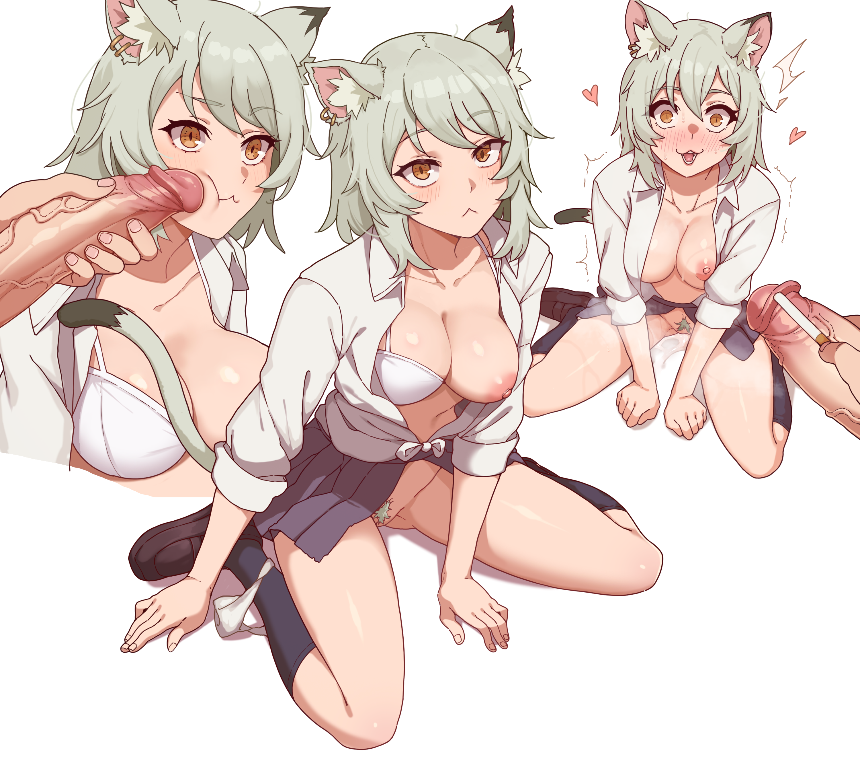 1boy, 1girl, absurdres, animal ear fluff, animal ears, black socks, blush, bra, breasts, brown eyes, cat ears, cat girl, cat tail, cigarette, ear piercing, female pubic hair, green hair, hetero, highres, holding, holding cigarette, kneehighs, large breasts, large penis, loafers, medium hair, nipples, one breast out, panties, panties around one ankle, panties around one leg, penis, penis on cheek, piercing, pleated skirt, pubic hair, satou yaniko, scene reference, shoes, simple background, sitting, skirt, socks, tail, todding, uncensored, underwear, wariza, white bra, white panties, yani neko