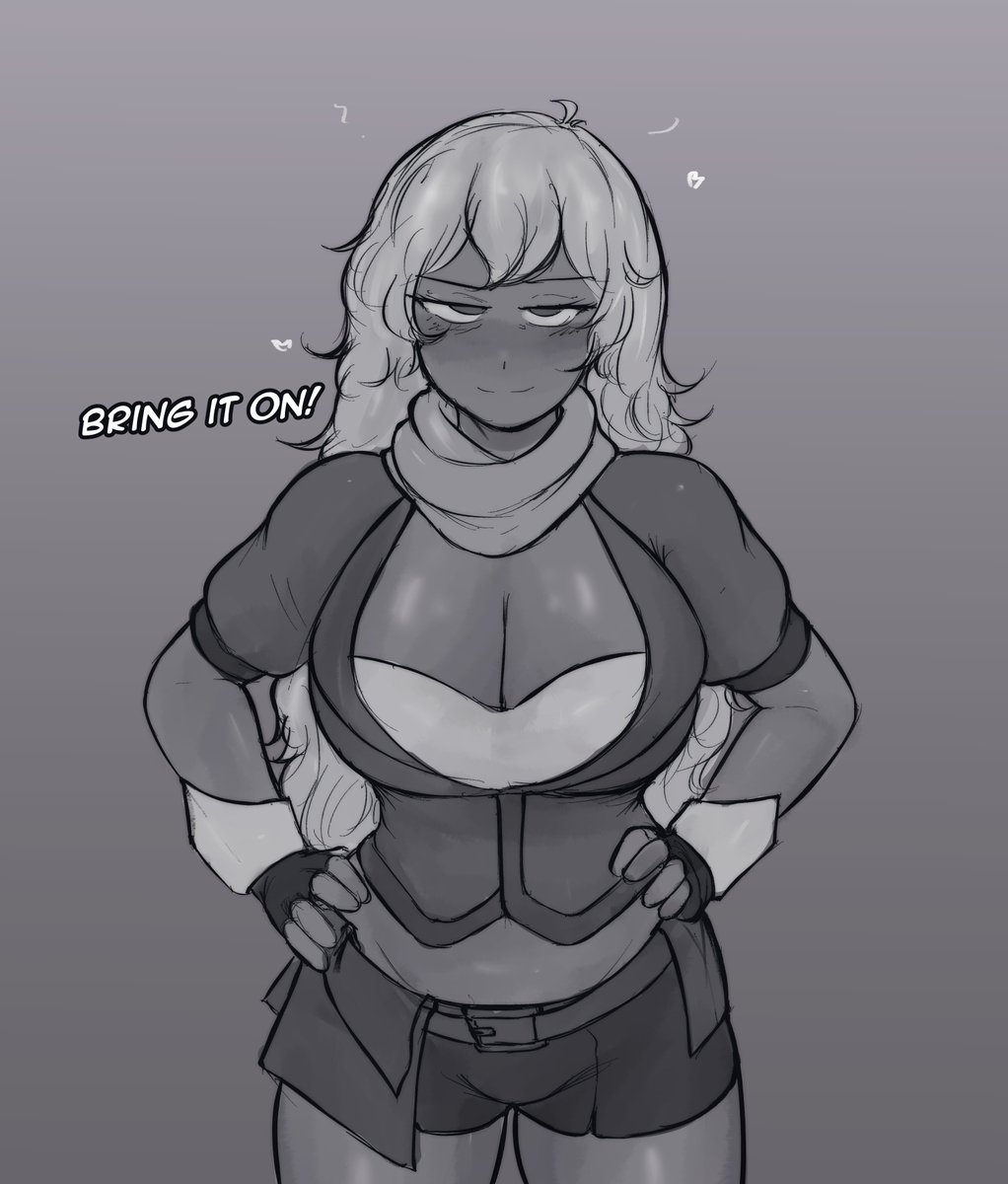 1girls, big breasts, bike shorts, busty, cleavage, confident, fingers, half-closed eyes, hands on hips, hi res, horny, keikonsfw, large breasts, legs, midriff, monochrome, navel, pose, posing, rwby, sexy, sexy pose, skirt, smile, thighs, yang xiao long