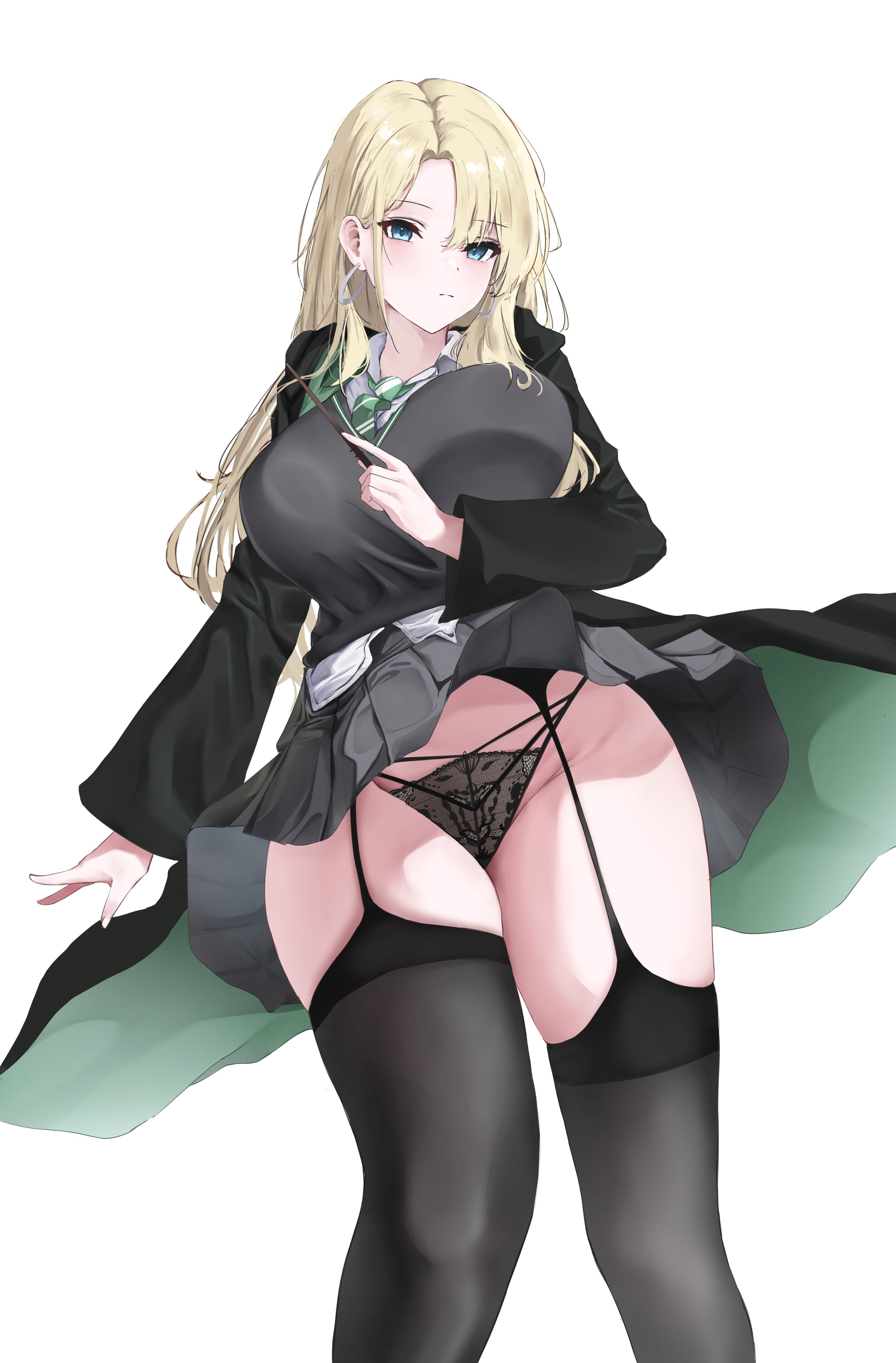 1girls, breasts, draco malfoy, draco malfoy (redteneri), female, female focus, female only, genderswap, harry potter, large breasts, light skin, light-skinned female, looking at viewer, meaowtakhe, mulmu, rule 63, school uniform, solo, thick thighs, thighhighs, thighs, wide hips