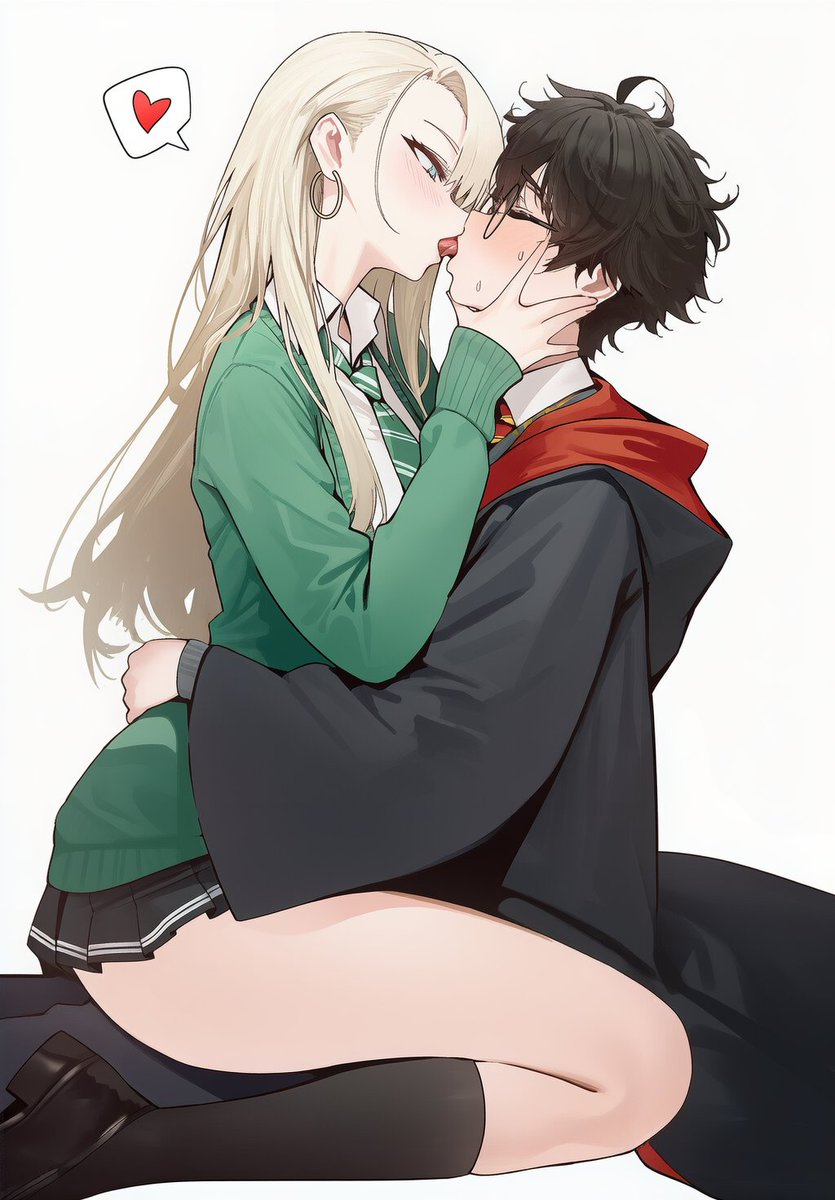 1boy, 1girls, ai generated, draco malfoy, draco malfoy (redteneri), harry james potter, harry potter, kissing, sitting on lap, sitting on person, skirt