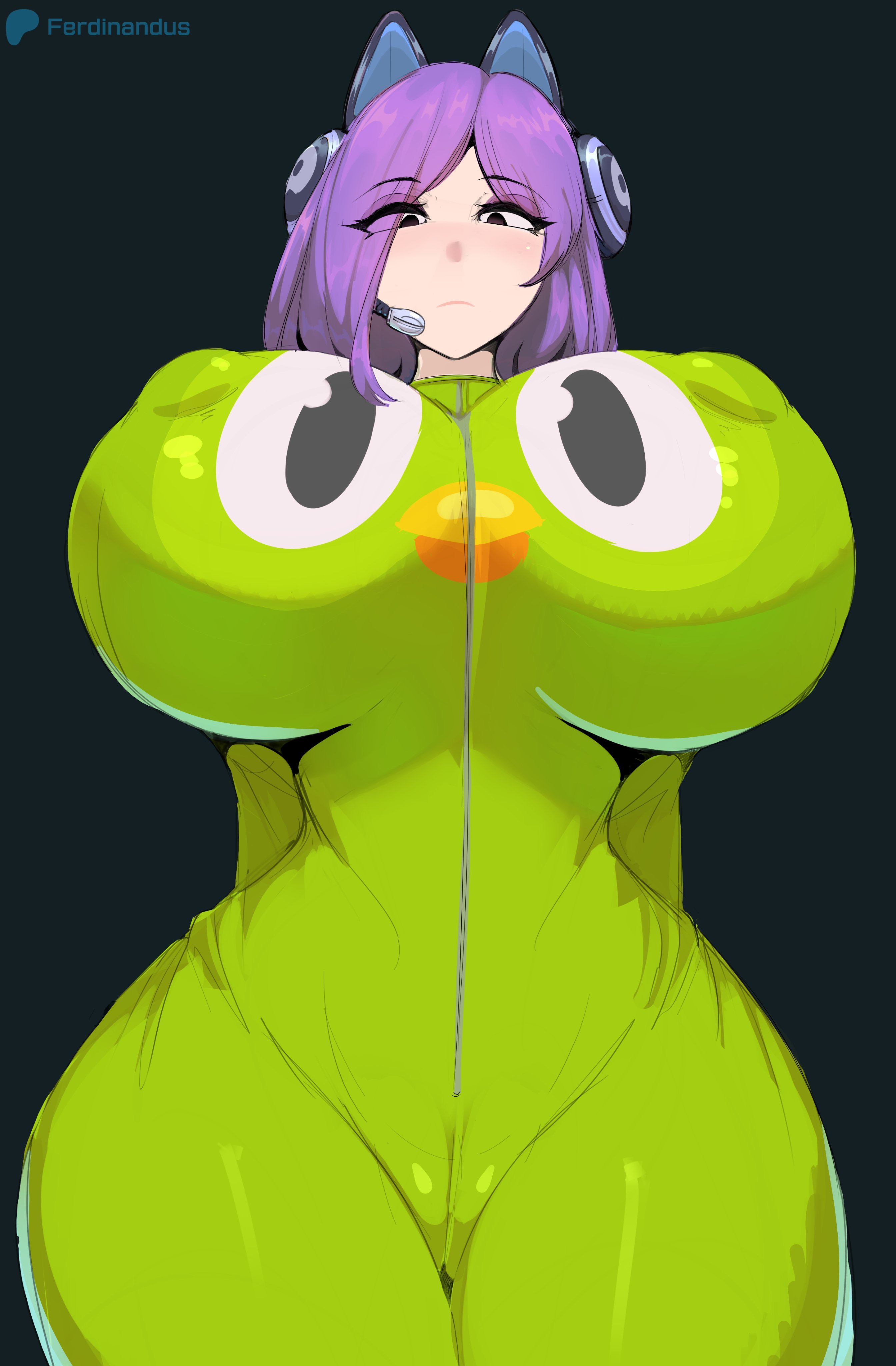 1girls, annoyed, apple green clothing, big breasts, bodysuit, breasts, bulging breasts, cameltoe, cat ears, cat ears headphones, cleft of venus, clothed female, cropped legs, curvy, duolingo, female, female focus, female only, ferdinandus, front view, green bodysuit, green clothing, headphones, headset microphone, hi res, hips, hourglass figure, huge breasts, impossible clothes, large breasts, light skin, light-skinned female, lily (duolingo), looking at viewer, looking down, low-angle view, mature woman, purple eyeshadow, purple hair, solo, thick thighs, thighs, tight clothes, unimpressed, wide hips