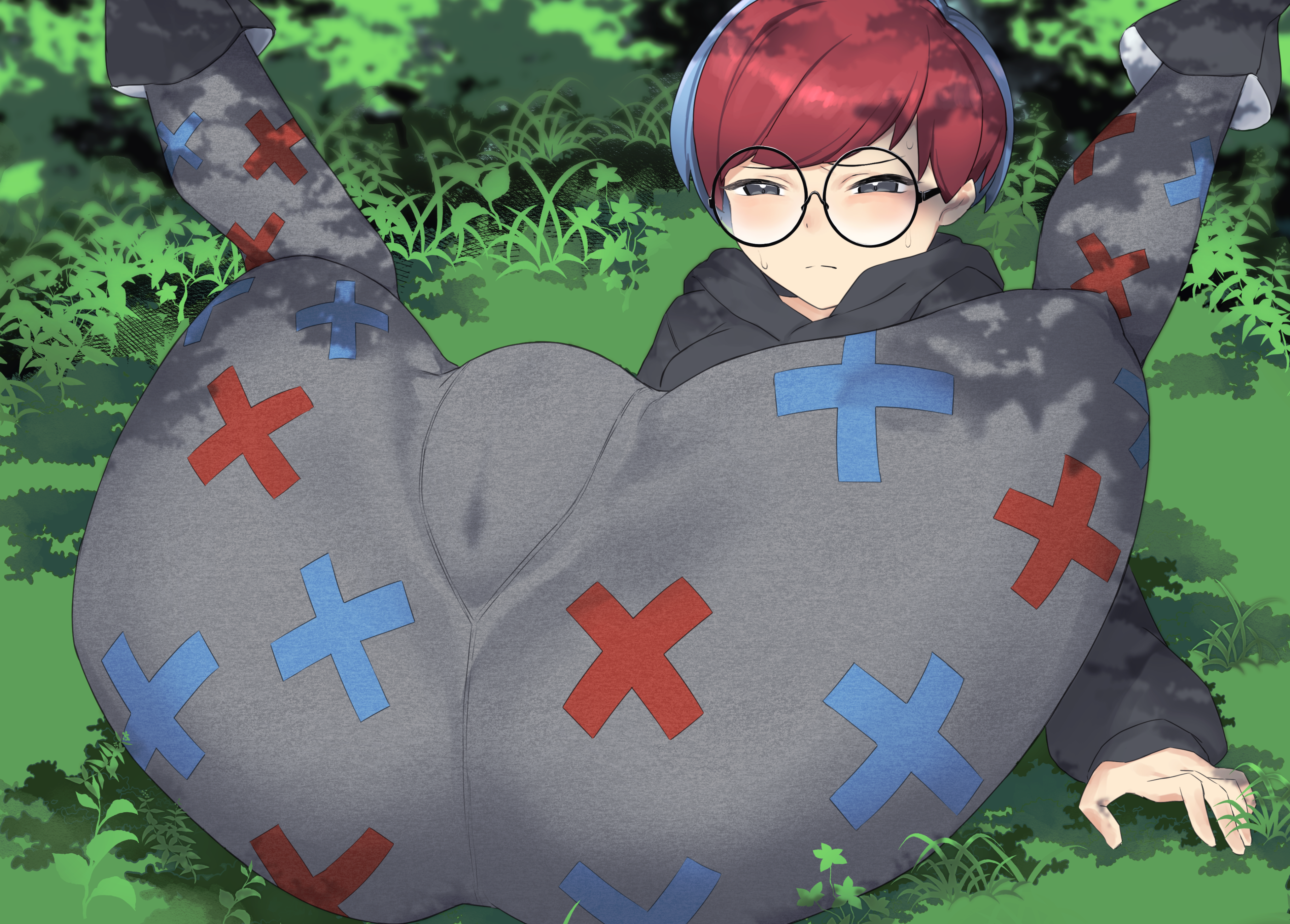 1girl, absurdres, black sweater, commentary request, crotch focus, glasses, grass, grey eyes, grey pantyhose, gusset, highres, kuma (jk0073), legs up, lying, multicolored hair, on back, outdoors, pantyhose, penny (pokemon), pokemon, pokemon scarlet and violet, pussy juice stain, red hair, round eyewear, solo, sweater, two-tone hair