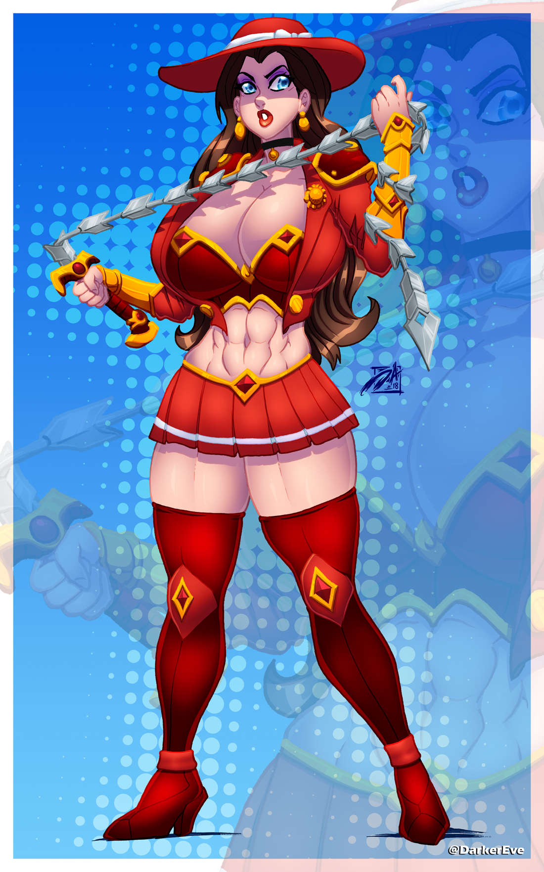 1girls, abs, armor, big breasts, blue eyes, breasts, brown hair, chain, cleavage, darkereve, earrings, eyeshadow, female, female abs, female only, frilled skirt, hat, huge breasts, human, human only, long hair, mario (series), midriff, muscular, muscular female, navel, necklace, nintendo, pauline, red coat, red hat, red lipstick, red outfit, shiny hair, skirt, solo, solo female, sunhat, super mario odyssey, sword, tagme, thighhighs, warrior, whip sword