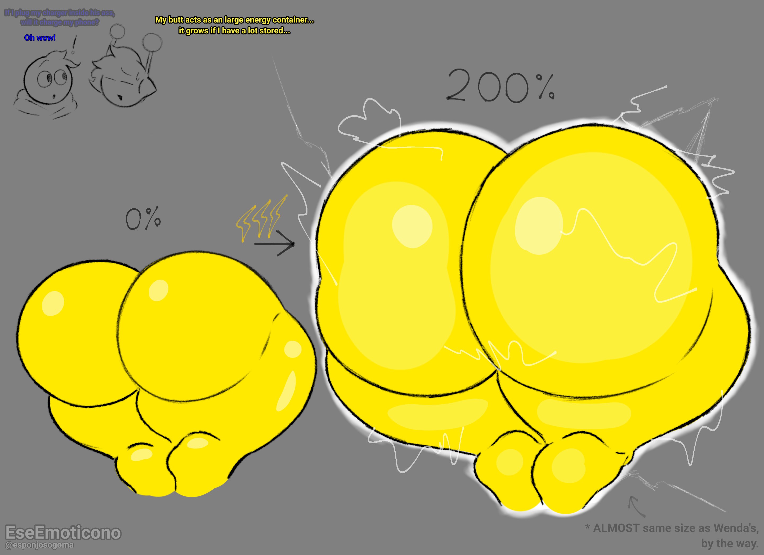 1boy, 2026, anthro, ass, ass focus, big breasts, big butt, breasts, butt, clapping ass, eseemoticono, femboy, gray background, jevin (sprunki), simon (sprunki), sprunki, text, yellow body, yellow fur