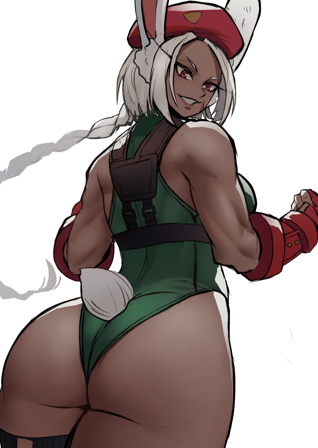 1girl, 1girls, boku no hero academia, bunny ears, bunny girl, cammy white (cosplay), dark-skinned female, foonie xd, green clothing, green leotard, miruko, rumi usagiyama, solo, solo female, solo focus, street fighter, white background, white hair
