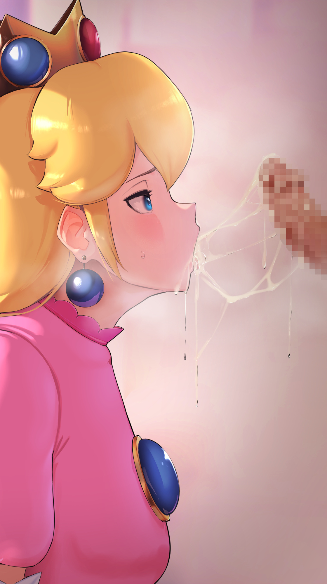 1boy, 1girls, 2021, after fellatio, after oral, after sex, bangs, blonde hair, blowjob, blue eyes, blush, censored, censored penis, clothed, clothed female, clothed female nude male, clothing, colored, crown, cum, cum drip, cum in mouth, cum inside, cum string, cum trail, cumdrip, dress, earrings, erect penis, faceless male, fellatio, female, female focus, fringe, hi res, high resolution, highres, hizake, human, jewelry, kashu (hizake), long hair, looking at another, male, mario (series), mosaic censoring, nintendo, nude, nude male, oral, oral sex, partial male, penis, princess, princess peach, royalty, saliva, saliva drip, side view, simple background, straight, sweat, sweatdrop, video games, wide eyed