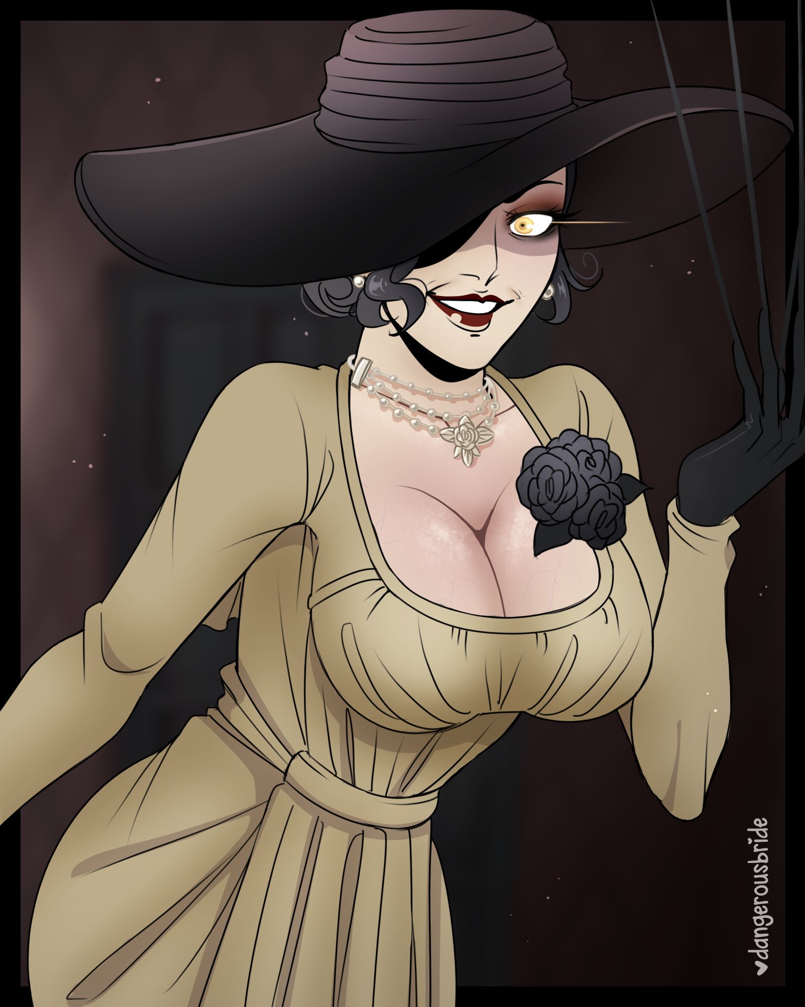 1girls, 2021, 2d, 2d (artwork), alcina dimitrescu, black border, black hair, blurry background, capcom, cleavage, dangerousbride, dress, earrings, female, female only, flower, gloves, glowing eyes, hat, highres, long nails, looking at viewer, necklace, red lipstick, resident evil, resident evil 8: village, sfw, smile, smiling at viewer, solo, solo female, solo focus, vampire, villainess, yellow eyes