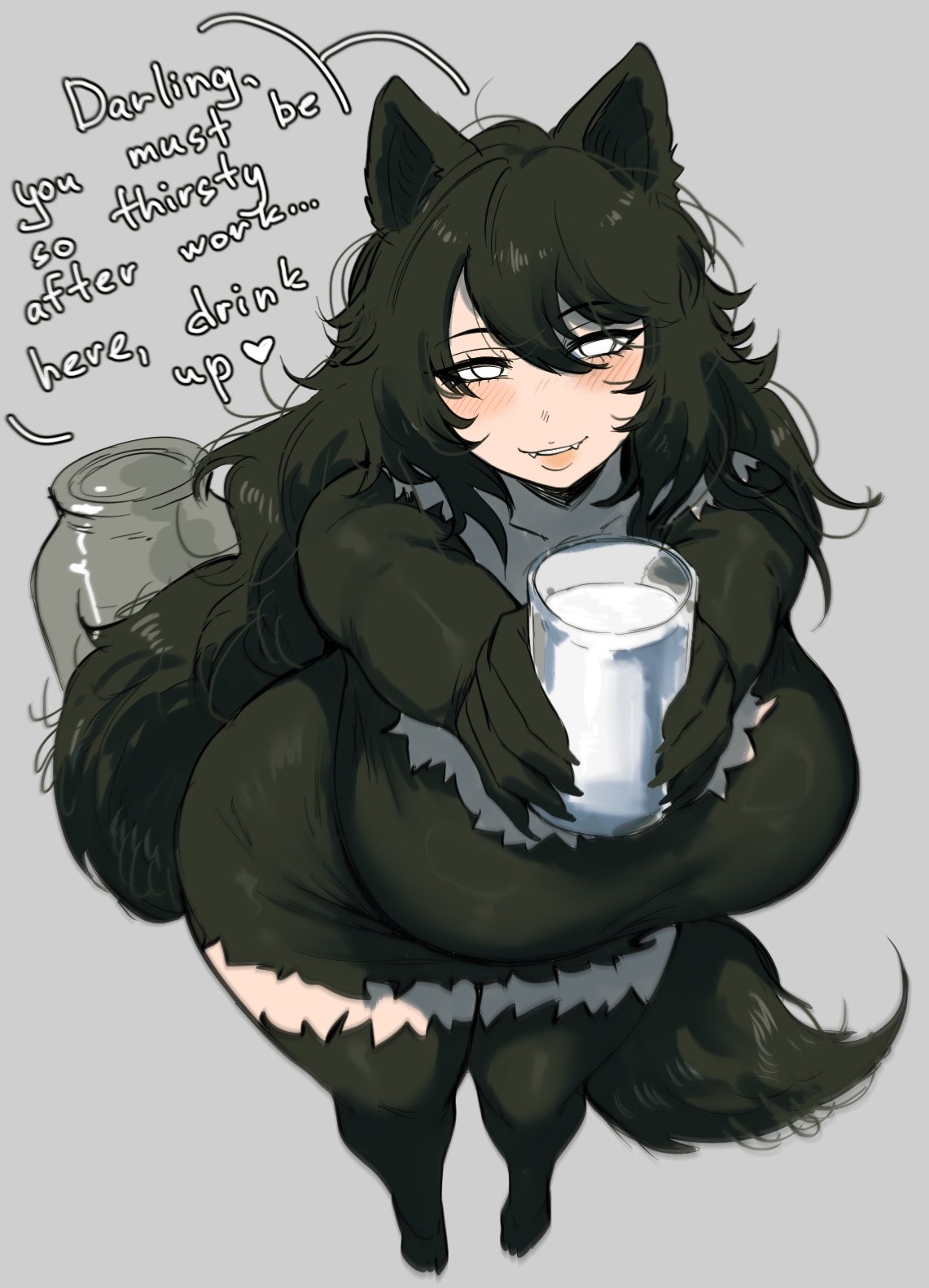 1girls, adult, adult female, anthro, beautiful, big breasts, blush, breasts, busty, canid, canine, canis, clothed, clothing, cup, dress, drink, english text, family time, female, female focus, female only, furry, large breasts, light skin, light-skinned female, long hair, looking at viewer, mama wolf, milf, mother, offering drink, oyxee, sexy, smile, smiling, smiling at viewer, solo, tail, talking to viewer, text, thick, thick thighs, thighs, wide hips, wolf, wolf ears, wolf girl, wolf humanoid