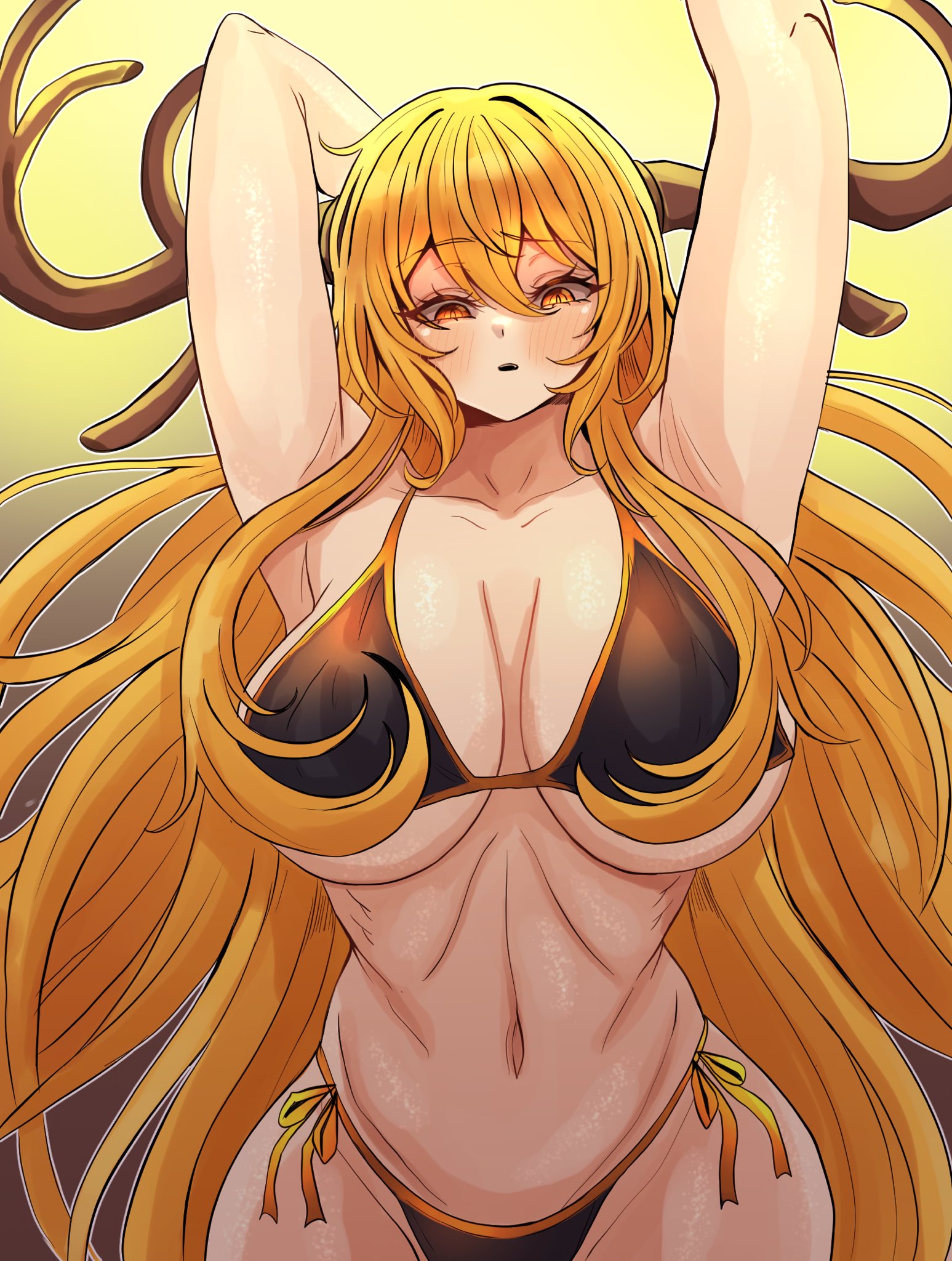 1girls, alternate breast size, antlers, arms raised, bbambi, big breasts, bikini, blush, blush lines, blushing, blushing at viewer, blushing female, breasts, don quixote (limbus company), female, hair, huge breasts, limbus company, long hair, long hair female, looking at viewer, navel, project moon, yellow hair