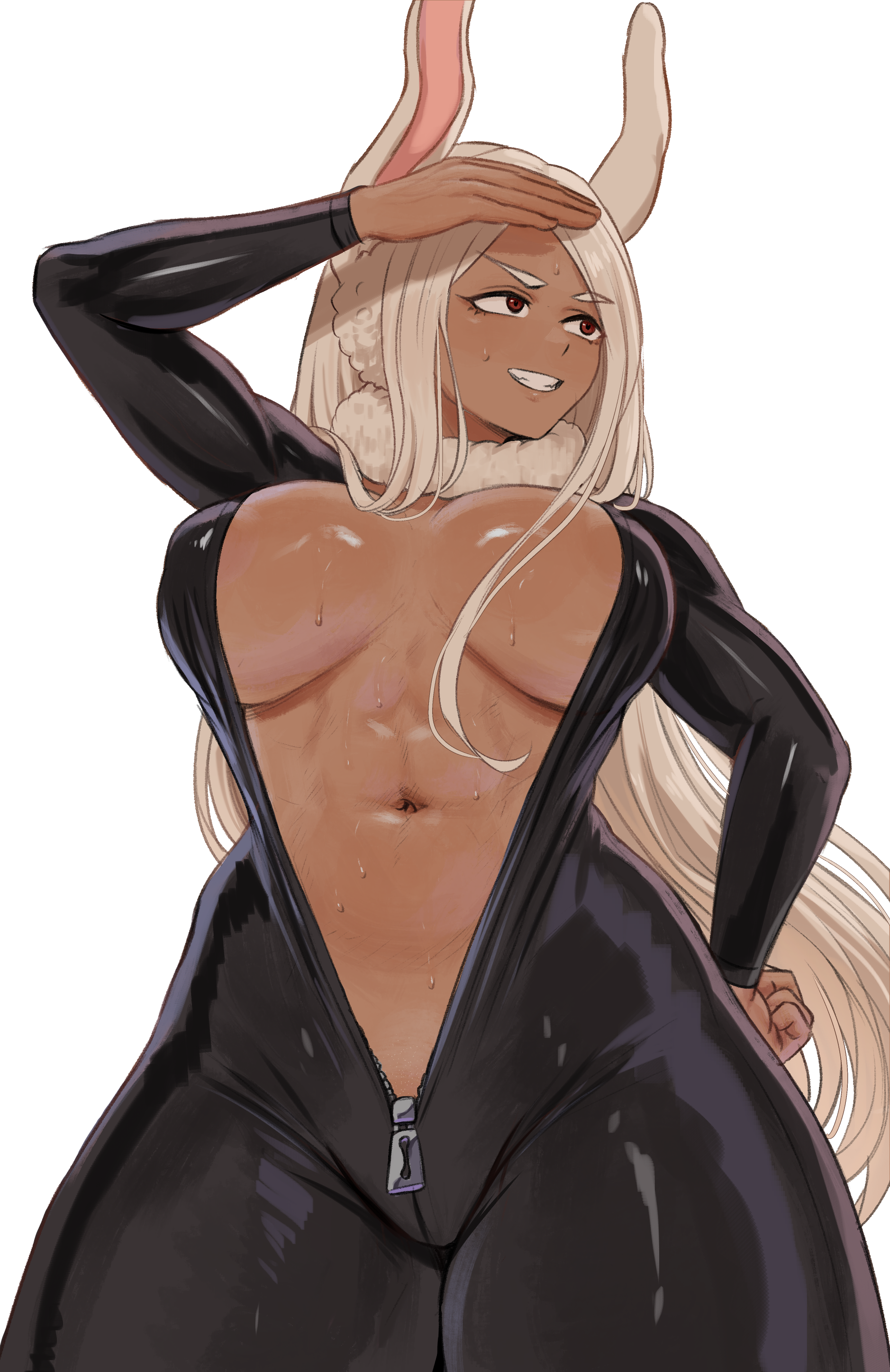 1girls, 2026, 2d, animal ears, bodysuit, boku no hero academia, boobs, breasts, brikot, bunny ears, bunny girl, busty, dark skin, dark-skinned female, female, female only, hi res, highres, huge breasts, humanoid, kemonomimi, long hair, mirko, miruko, my hero academia, no bra, open bodysuit, open clothes, plain background, rabbit ears, rabbit girl, rumi usagiyama, simple background, skin tight, solo, solo female, sweat, sweaty, sweaty breasts, tight clothes, tight clothing, unzipped, unzipped bodysuit, usagiyama rumi, white background, white hair, zipper, zipper down