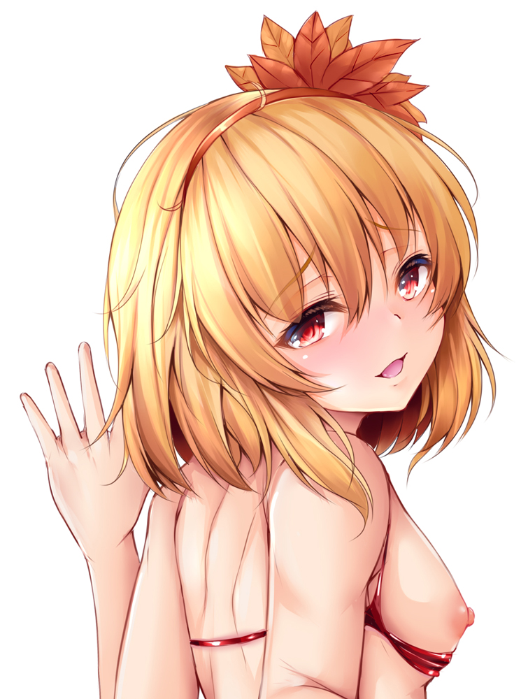 :d back bangs bare_shoulders blonde_hair blush breastless_clothes breasts female hair_ornament hairband koza900 leaf leaf_hair_ornament nipples open_mouth red_eyes shizuha_aki short_hair shoulder_blades sidelocks small_breasts smile solo touhou