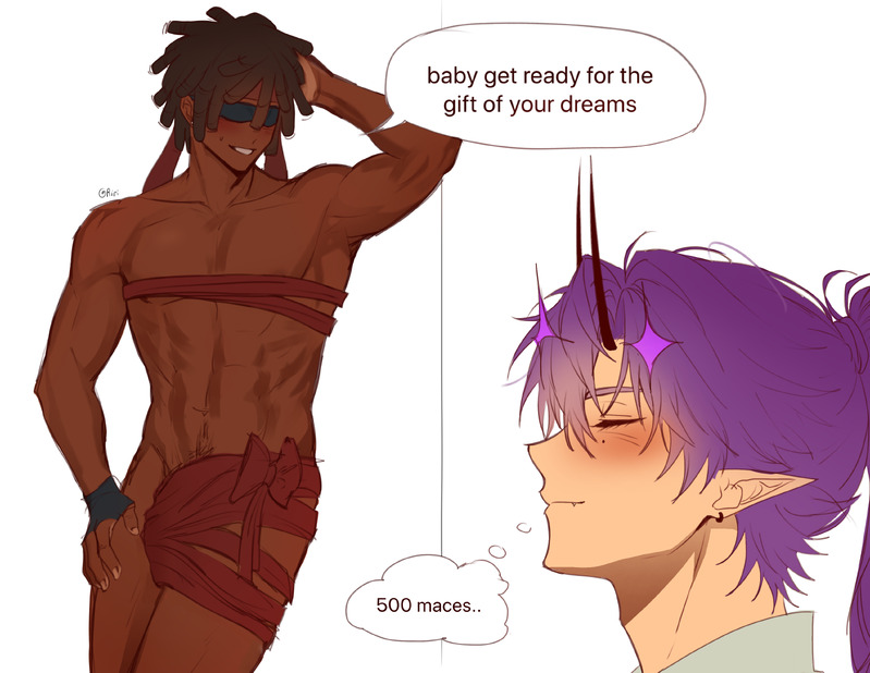 2boys, abs, almost naked, barely clothed, blindfold, blindfolded, blush, blushing, closed eyes, cock, covered nipples, dark skin, dark-skinned male, demon horns, dialogue, dick, dreadlocks, elf ears, english text, fingerless gloves, flamefrags, gay, gift, gift wrapped, imminent sex, leaning against wall, male, male focus, male only, mcyt, meme reference, minecraft, minecraft youtubers, muscles, pubic hair, showing off, smile, speech bubble, twitch, twitch streamer, twitch.tv, twitter, twitter username, unstable smp, unstable universe, wemmbu, wemmbumc, white background, white skin, white skinned male, youtube, youtuber, youtubers