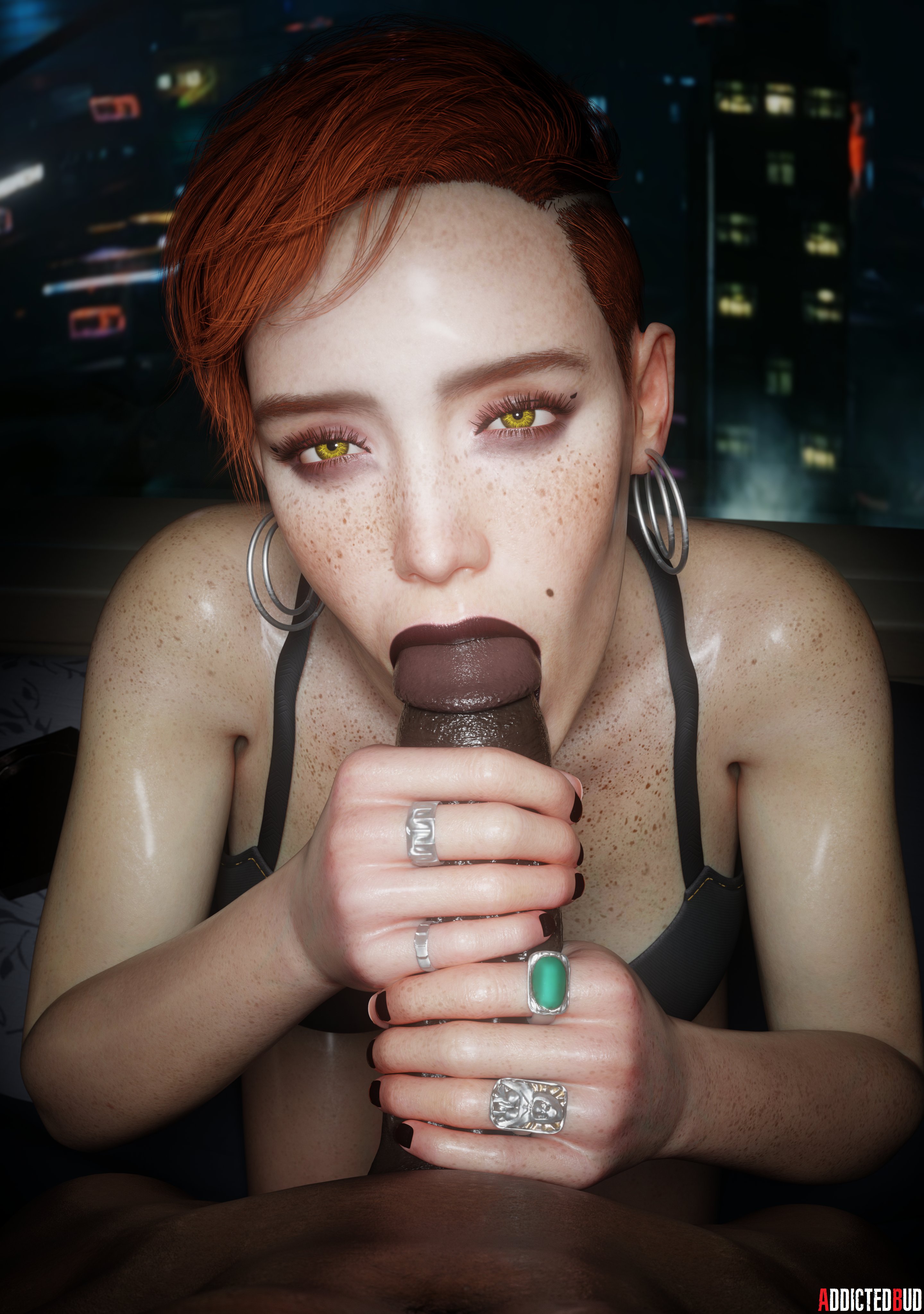 1girl, 1girls, 3d, addictedbud, aurore cassel, cyberpunk (series), cyberpunk 2077, cyberpunk 2077: phantom liberty, dark skin, dark-skinned male, female, interracial, pov, red hair, redhead, tagme, tagme (artist)