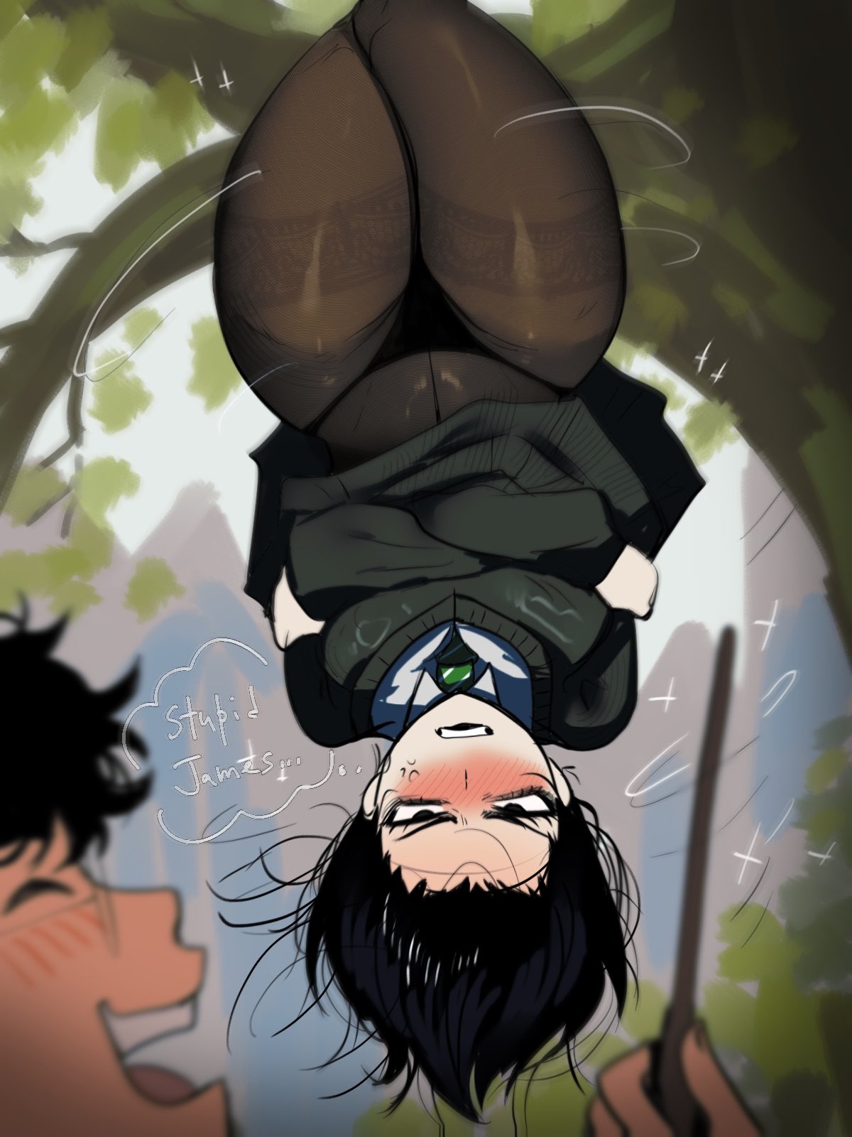 1boy, 1girls, angry, blush, breasts, female, female focus, harry potter, james potter, large breasts, light skin, light-skinned female, male, oyxee, severus snape, thick thighs, thighs, upside-down, wide hips