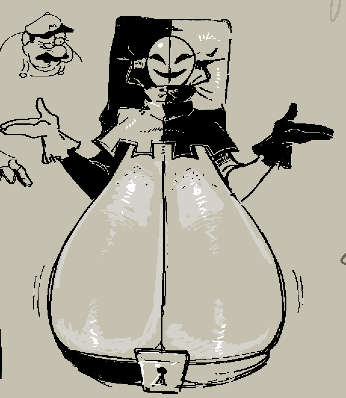 1boy, 1girls, 2d, 2d (artwork), belt, belt bra, breast awe, breasts, breasts bigger than head, chest belt, cleavage, female, female focus, freckles on breasts, funny, funny background event, funny face, gigantic breasts, glistening breasts, humor, jester, jester cap, jester hat, jester outfit, lock, looking at viewer, male, mario, mario (series), mask, masked, masked female, massive breasts, monochrome, phanto, shrug, sketch, submarichamomi2, super mario bros. 2