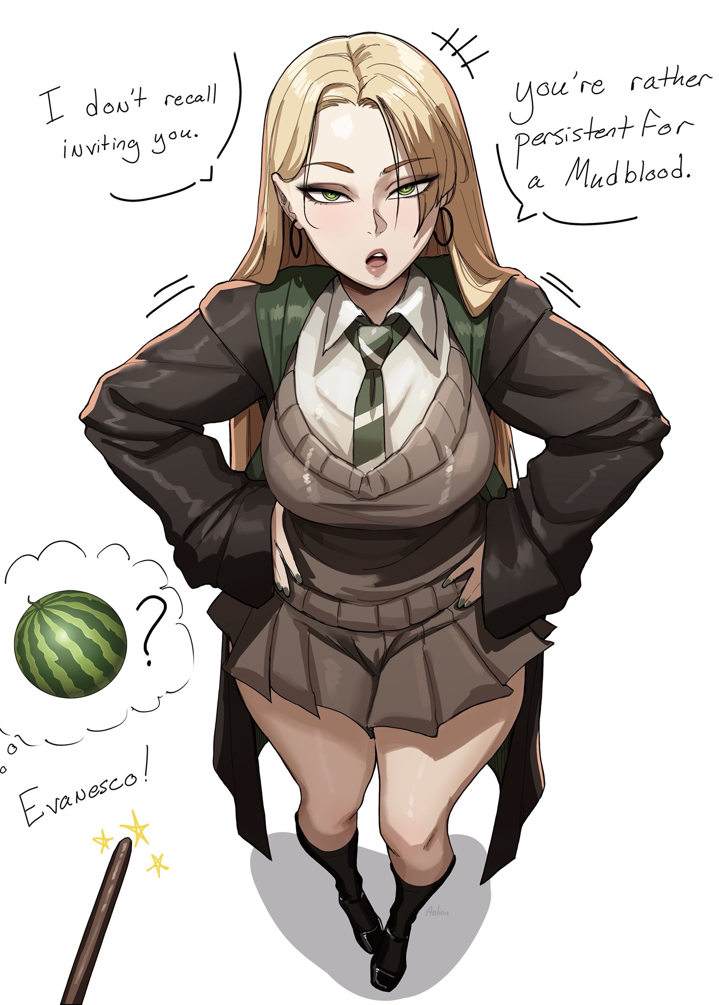 1girls, aelion draws, breasts, draco malfoy, draco malfoy (redteneri), female, female focus, female only, genderswap, harry potter, large breasts, light skin, light-skinned female, looking at viewer, rule 63, school uniform, solo, thick thighs, thighhighs, thighs, wide hips