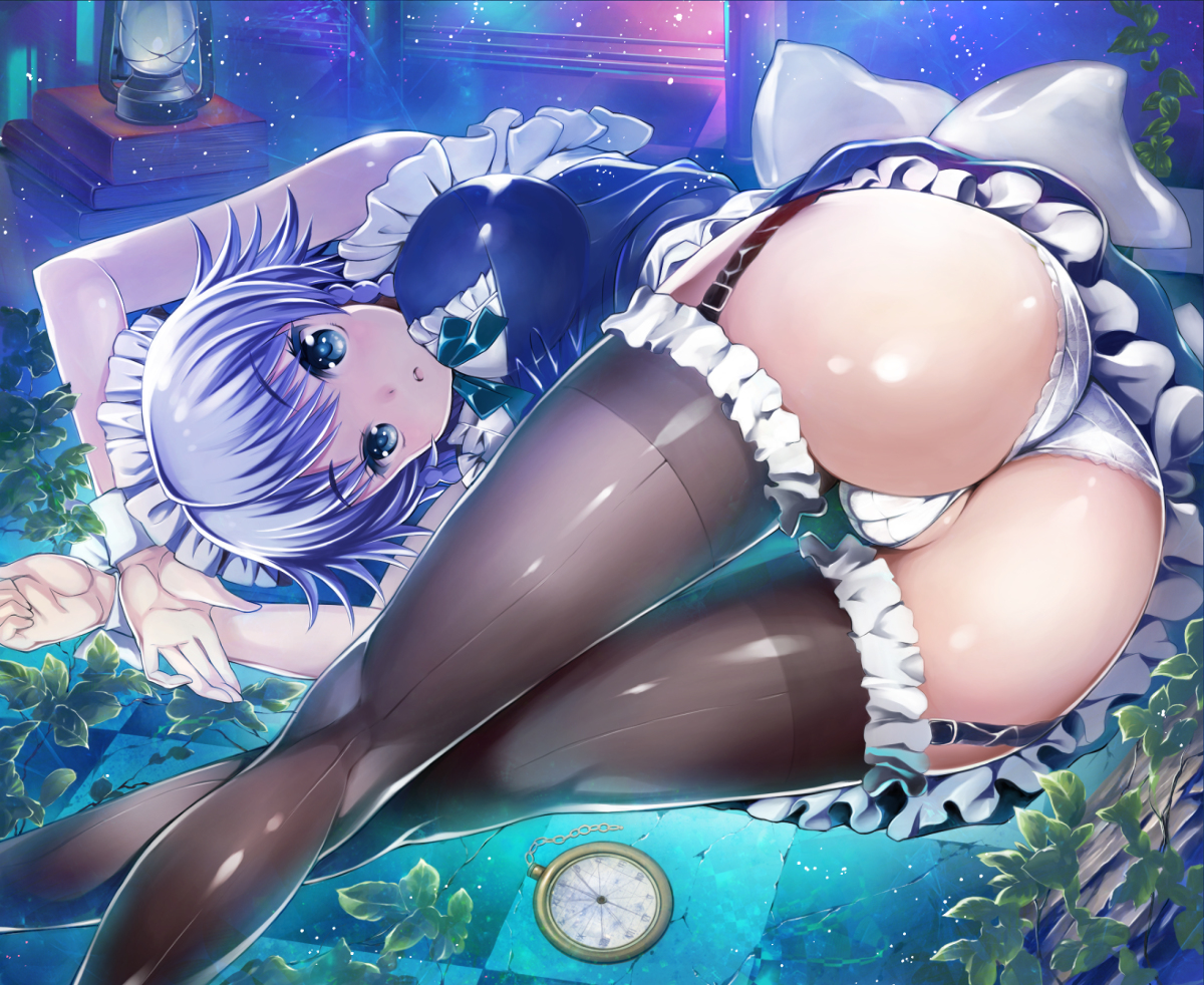 1girls, 2013, absurd res, ass, blue eyes, blue hair, braid, female, female only, garter straps, hekiten, hi res, lace, looking at viewer, maid, maid uniform, panties, pocket watch, sakuya izayoi, shiny skin, short hair, thighhighs, touhou