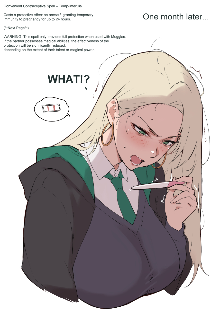 1girls, blonde female, blonde hair, blonde hair female, blonde-haired female, blushing, draco malfoy, draco malfoy (redteneri), english, english text, female, genderbend, genderbent, genderswap, genderswap (mtf), green eyes, harry potter, long hair, pregnancy test, r63, rule 63, sole female, solo, solo female, solo focus, straight hair, text, yui.h