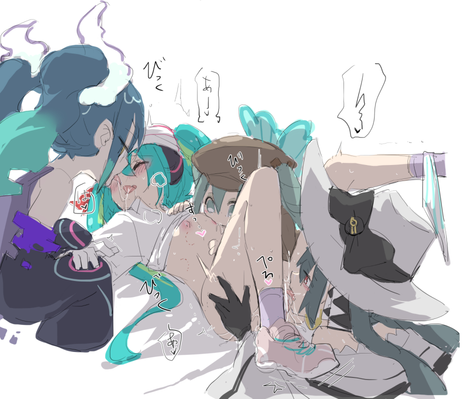 4girls, after kiss, cum, cunnilingus, dress, hatsune miku, hatsune miku (bug-type trainer), hatsune miku (dark-type trainer), hatsune miku (ghost-type trainer), hatsune miku (psychic-type trainer), japanese text, lesbian gangbang, medium breasts, nejikyuu, pokemon, project voltage, pussy juice, rape, selfcest, sucking penis, vocaloid, yuri