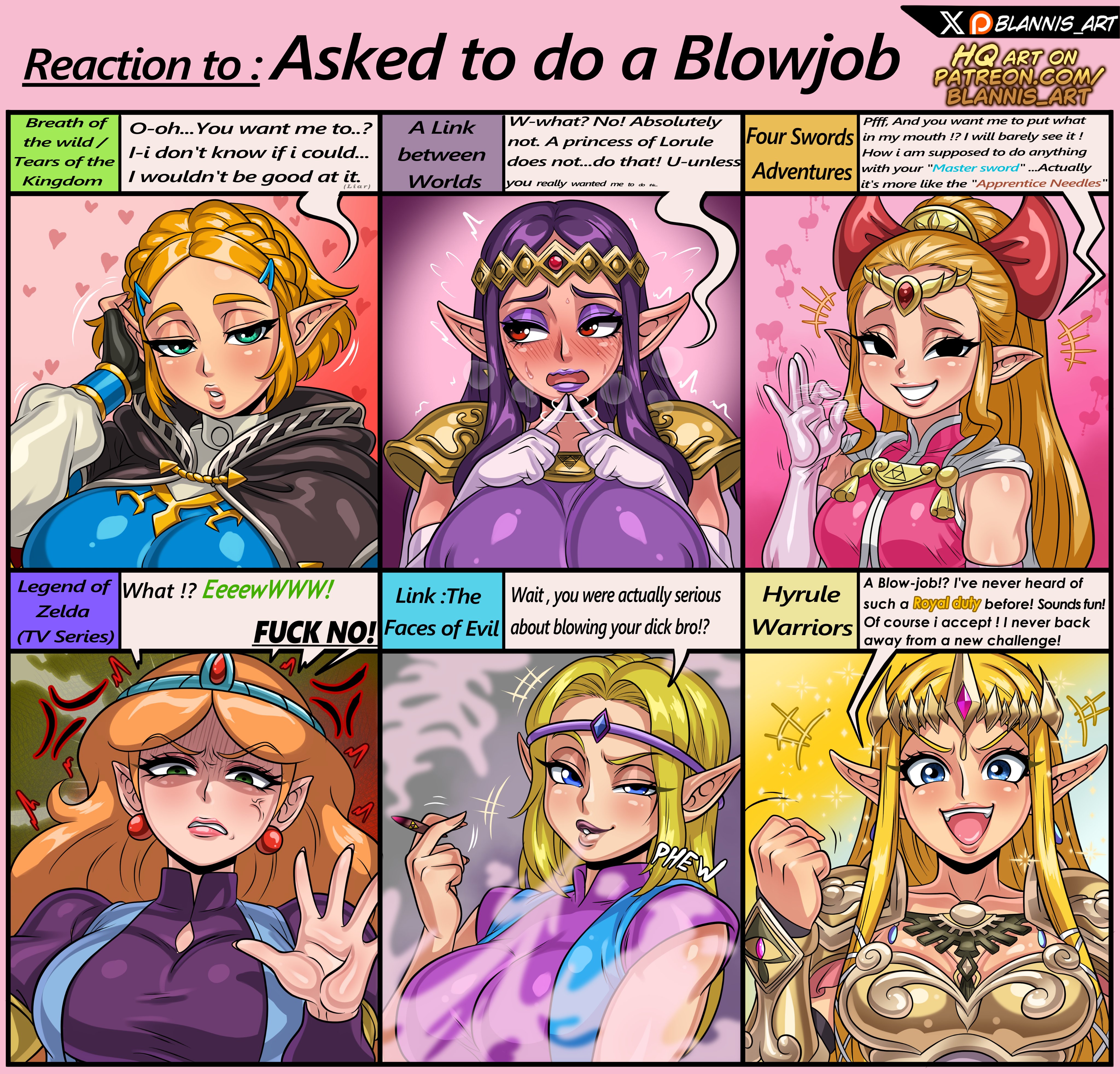 6girls, a link between worlds, angry, arms up, big breasts, blannis art, blonde hair, blush, breasts, brown hair, busty, chart, comparing, comparison, comparison chart, embarrassed, english dialogue, english text, female, four swords, glistening body, glistening breasts, glistening skin, huge breasts, hyrule warriors, light skin, light-skinned female, long hair, meme, nipple bulge, nipples visible through clothing, princess hilda, princess zelda, reaction chart, shiny, shiny breasts, shiny skin, smoking, tears of the kingdom, text, the legend of zelda, the legend of zelda (cartoon), the legend of zelda (cd-i), zelda (cartoon), zelda (cd-i), zelda (four swords), zelda (hyrule warriors), zelda (tears of the kingdom)