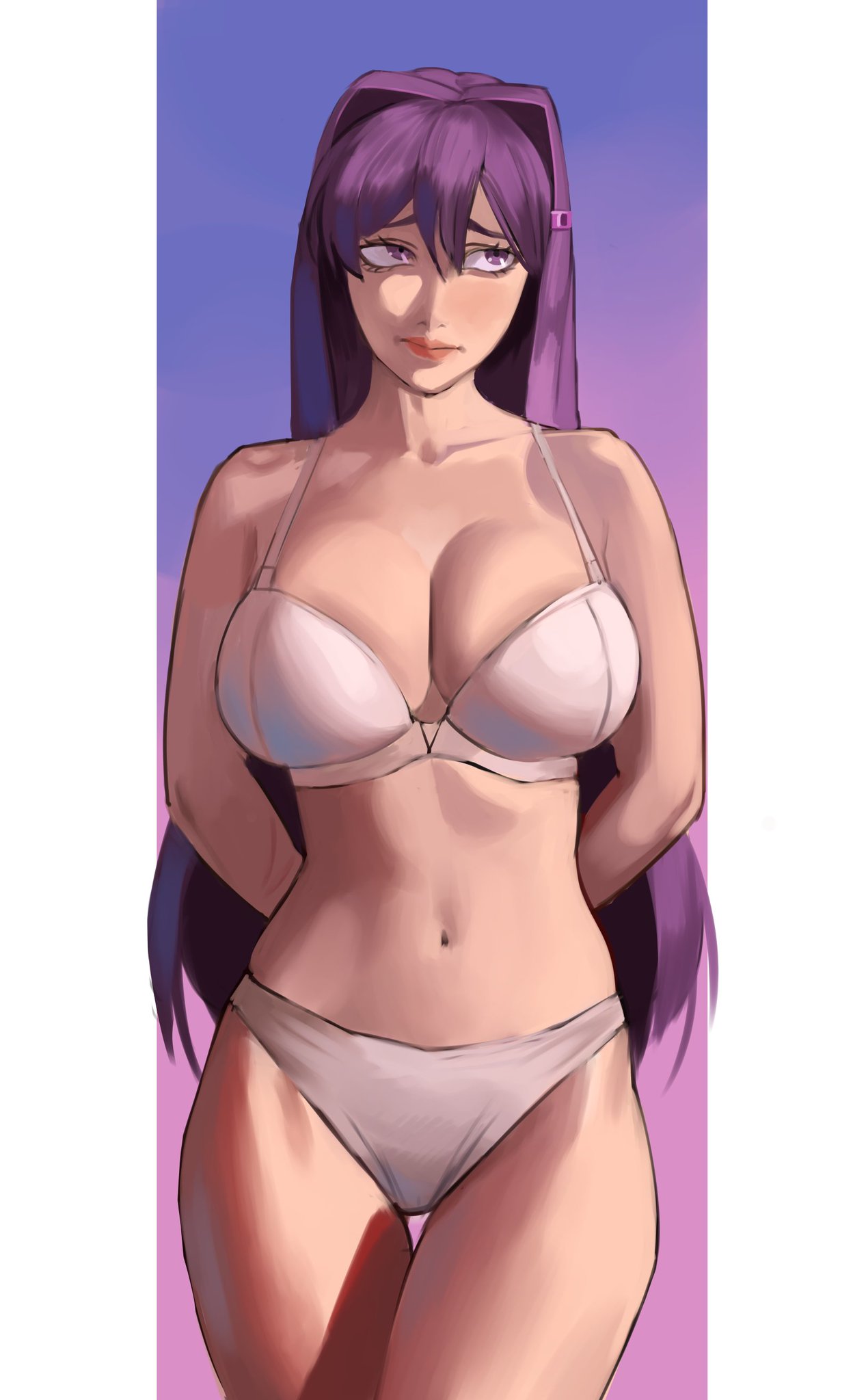bra, dairenke art, doki doki literature club, panties, purple hair, underwear, white panties, yuri (doki doki literature club)