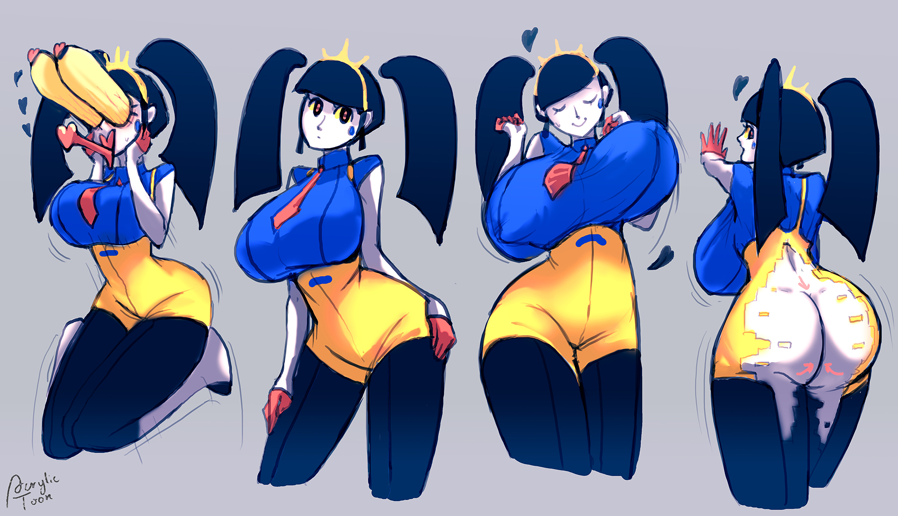 acrylictoon, ass, awooga, black hair, breast jiggle, breasts, busty, covered nipples, drapery girls, eyes bugging out, female, gloves, heart, heart eyes, huge breasts, looking back, ponytail, sci-fi, tiara, torn clothes, white skin, wild take